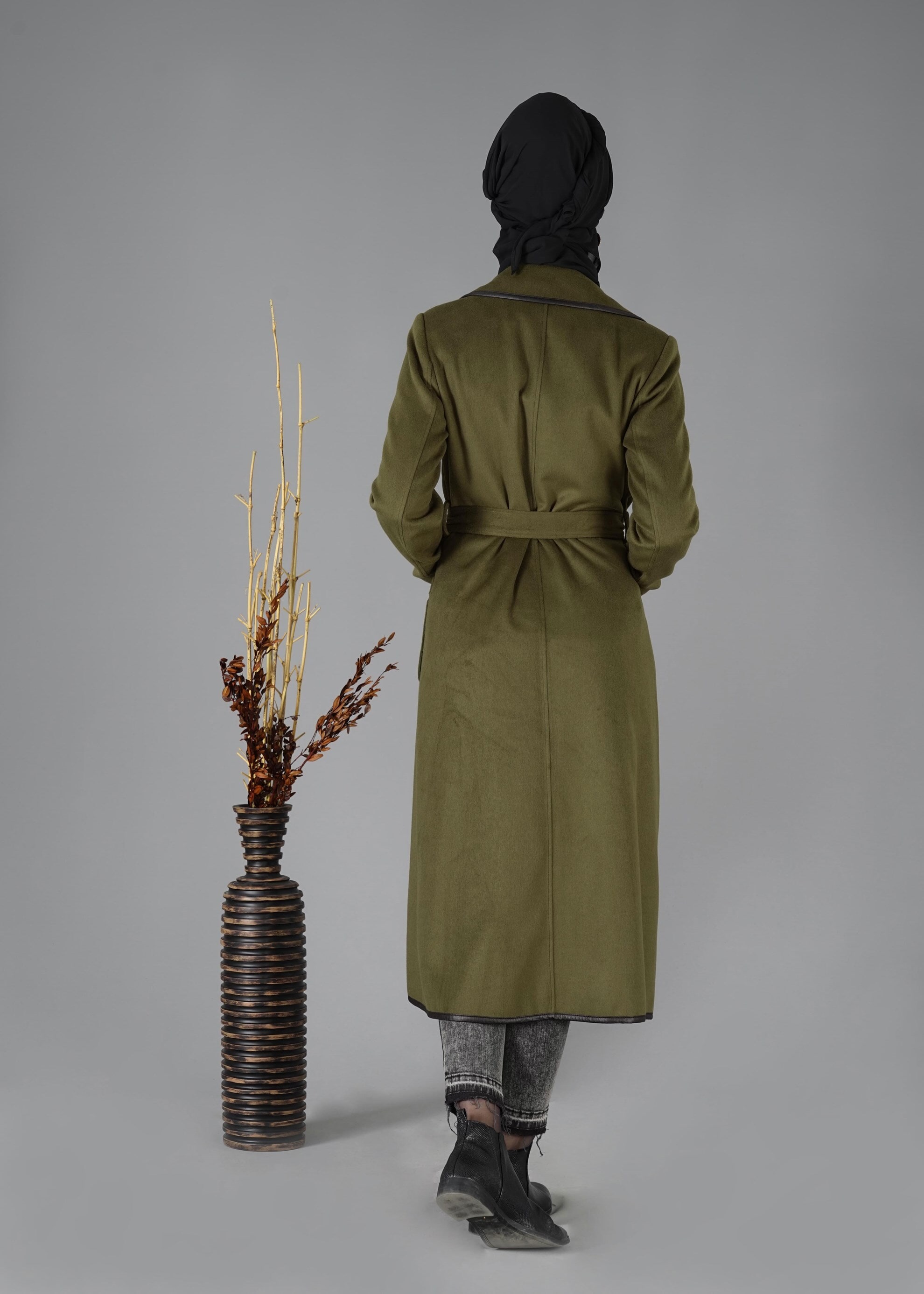 Tesettür giyim YEŞİL KRUVAZE YAKA KUŞAKLI KABAN 9503