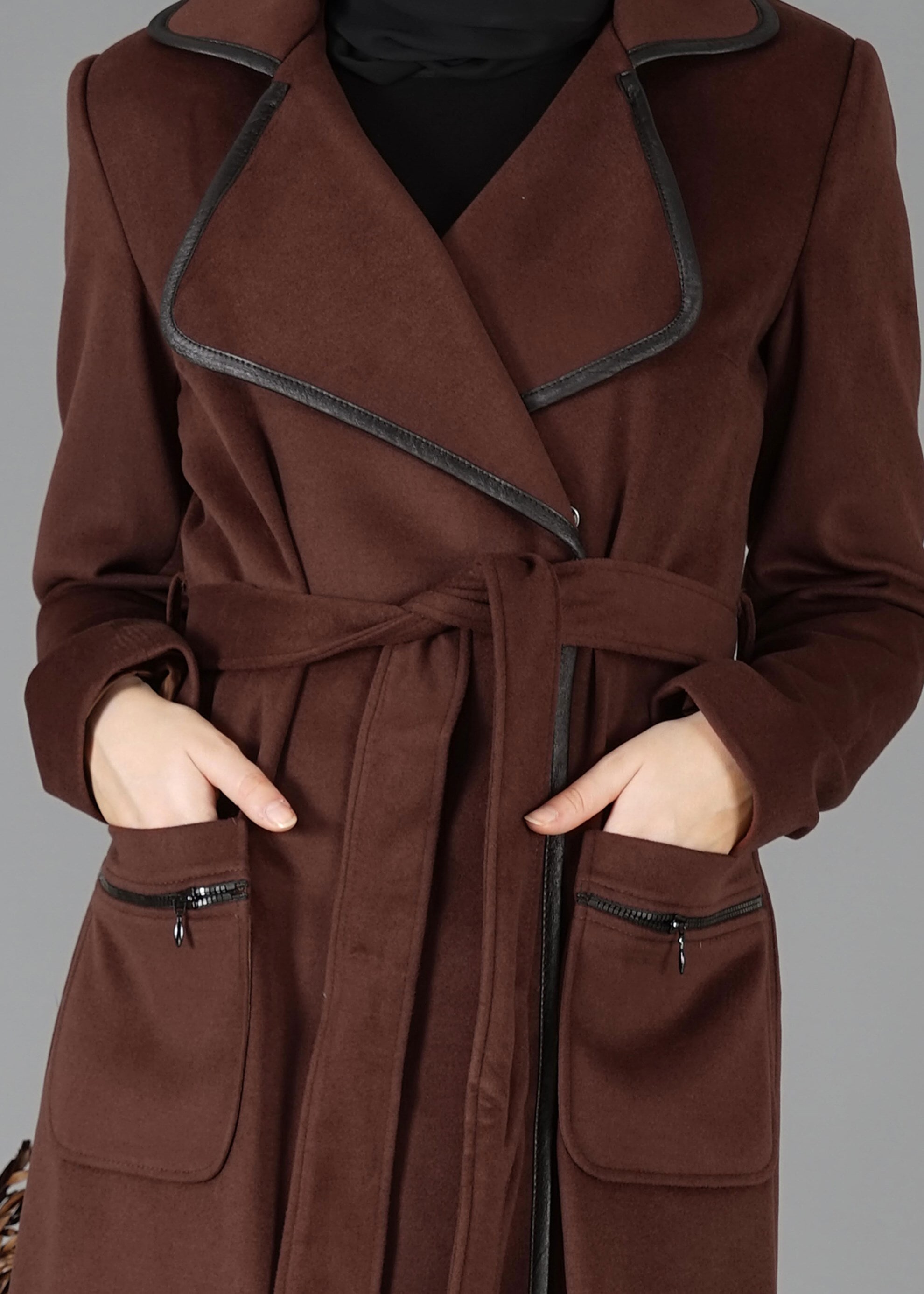 Tesettür giyim TURUNCU KRUVAZE YAKA KUŞAKLI KABAN 9503