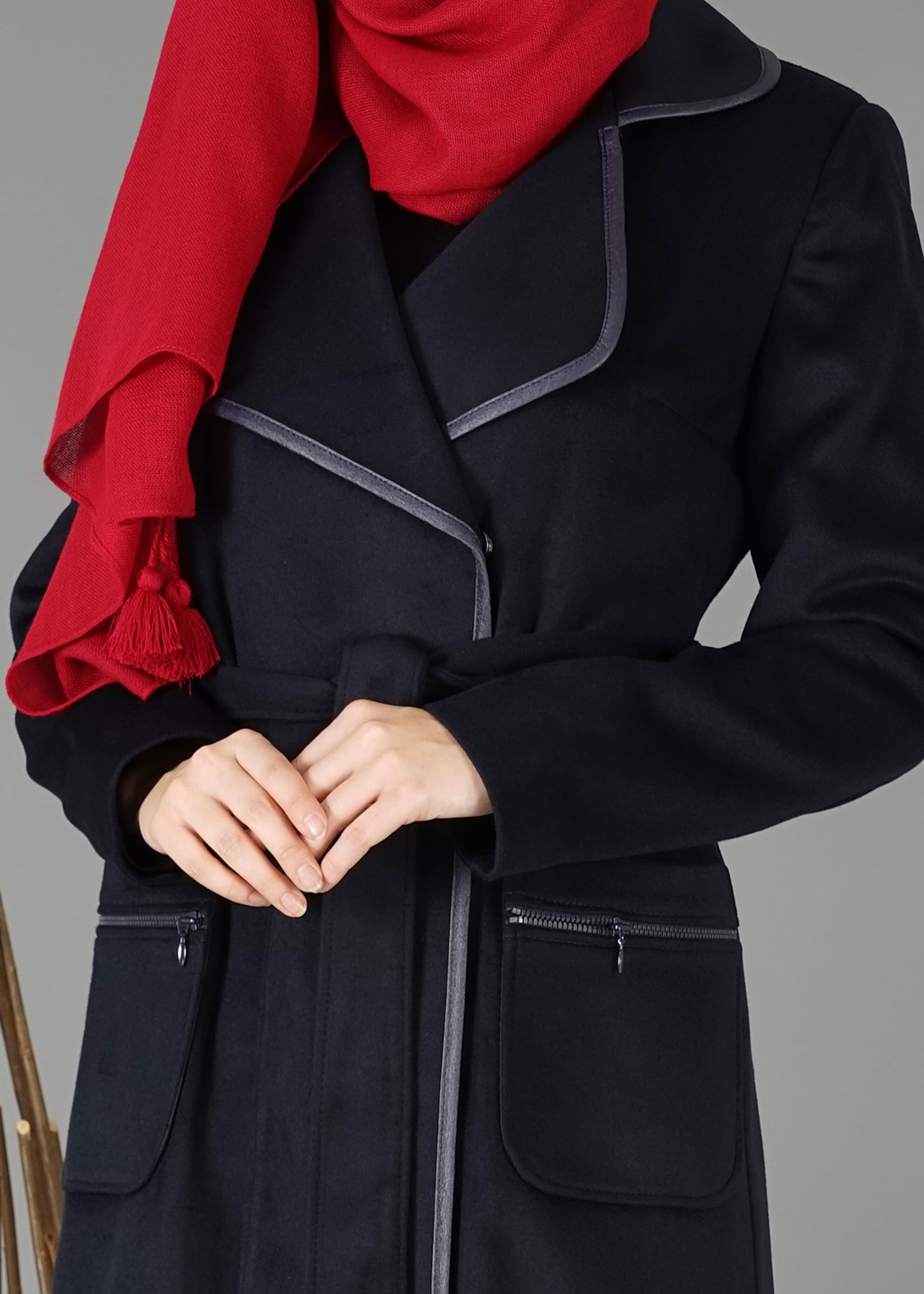 Tesettür giyim LACİVERT KRUVAZE YAKA KUŞAKLI KABAN 9503