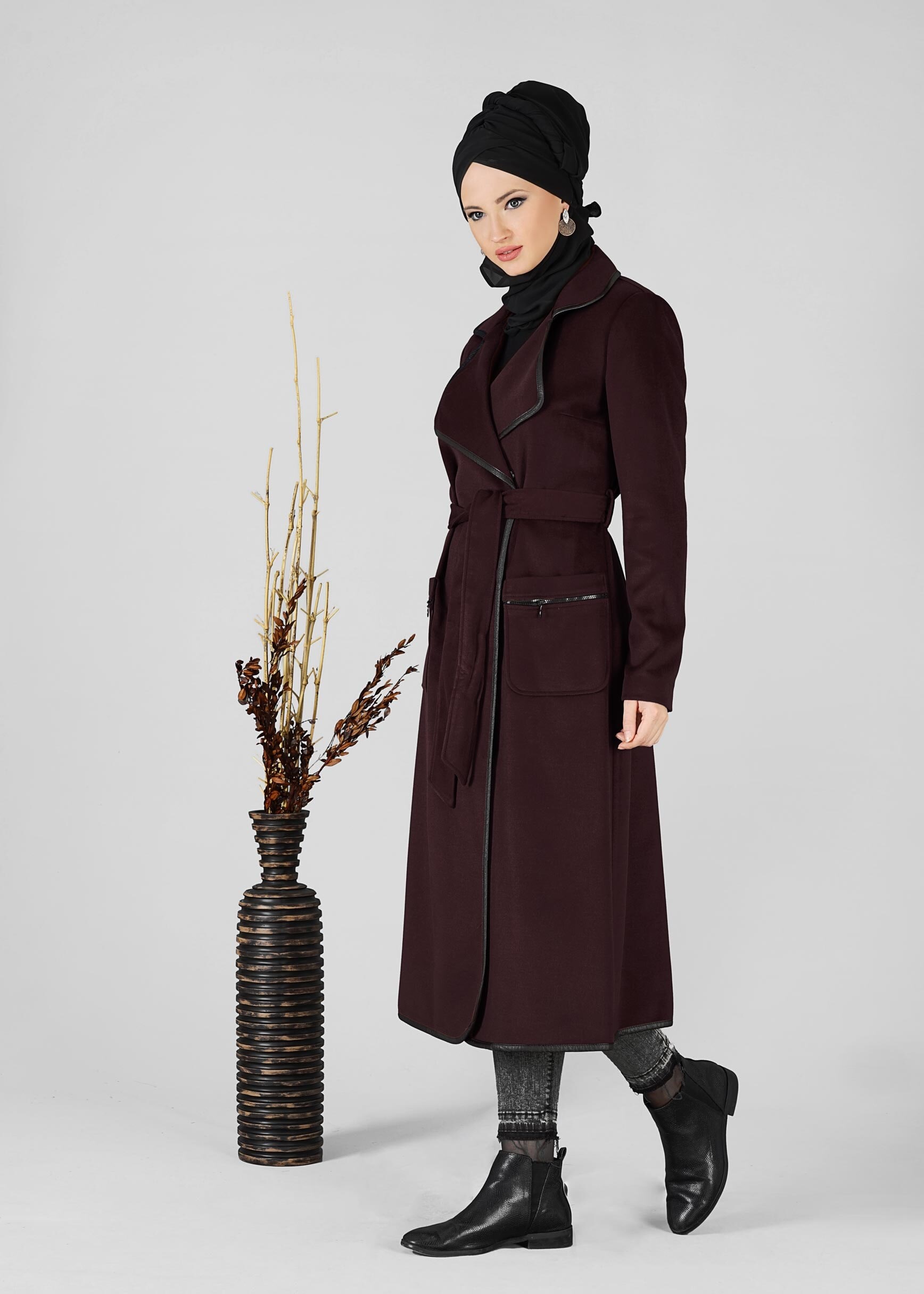 Tesettür giyim MÜRDÜM KRUVAZE YAKA KUŞAKLI KABAN 9503