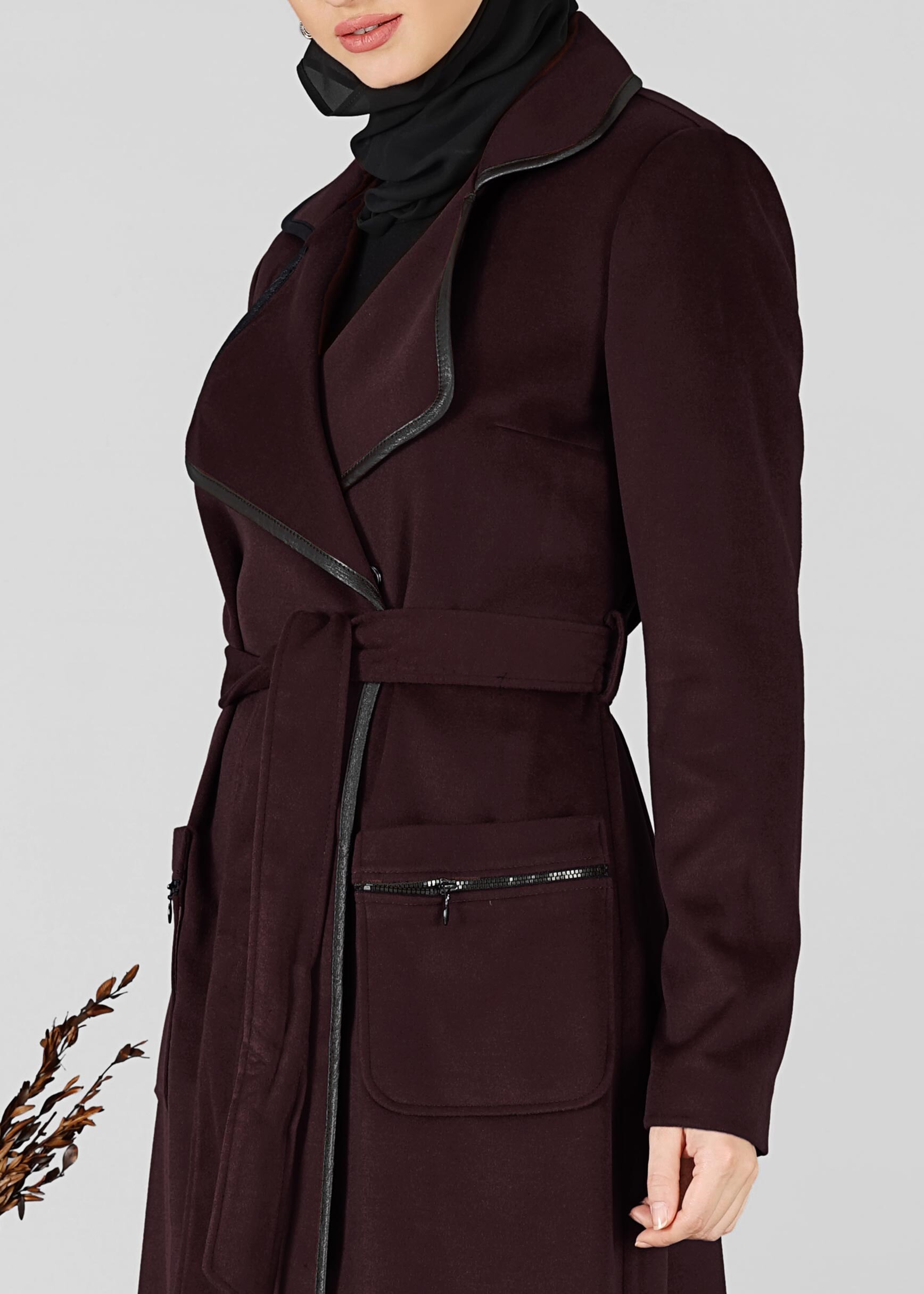 Tesettür giyim MÜRDÜM KRUVAZE YAKA KUŞAKLI KABAN 9503
