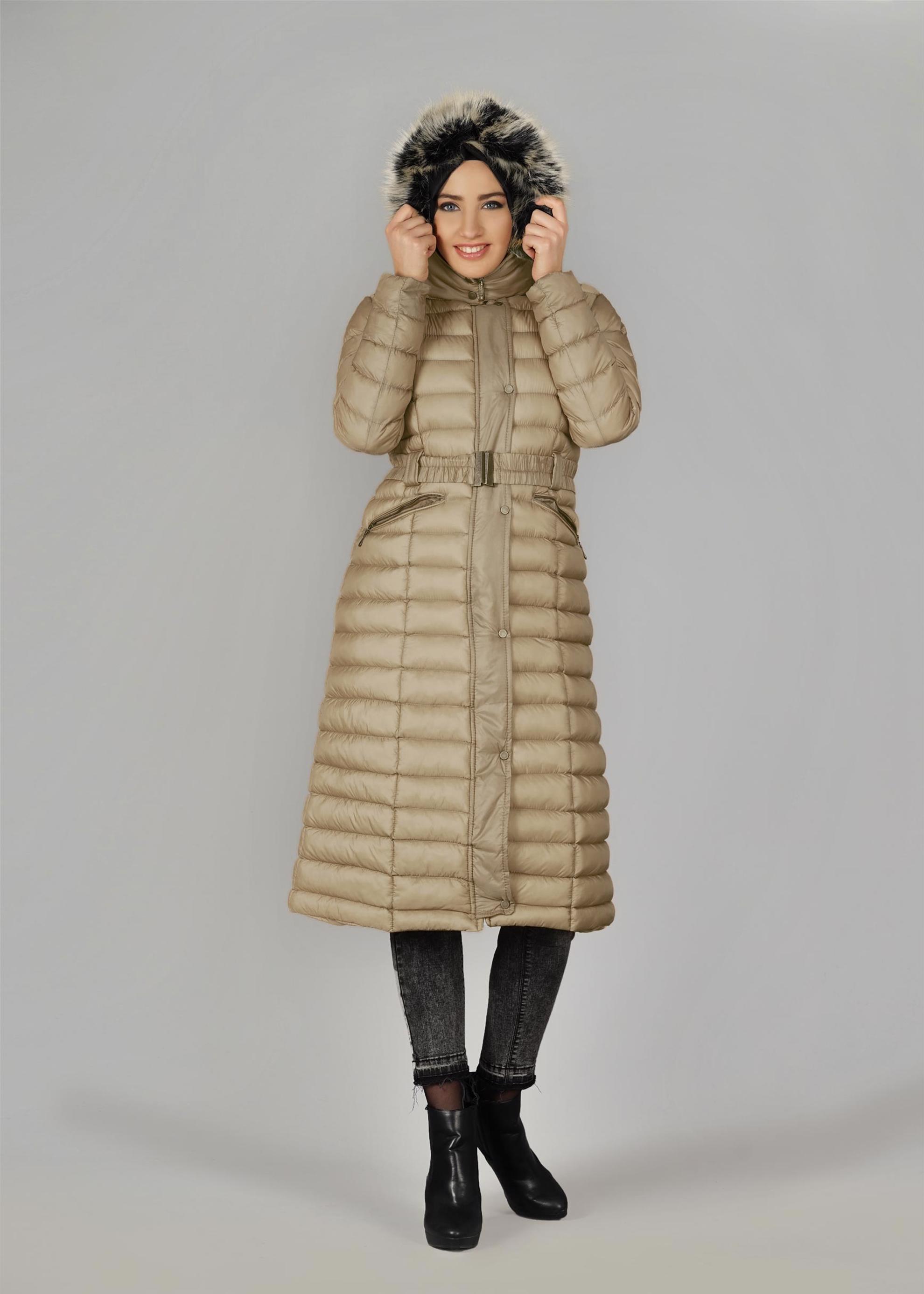 Tesettür giyim KAHVE KEMERLİ ŞİŞME KABAN 9517