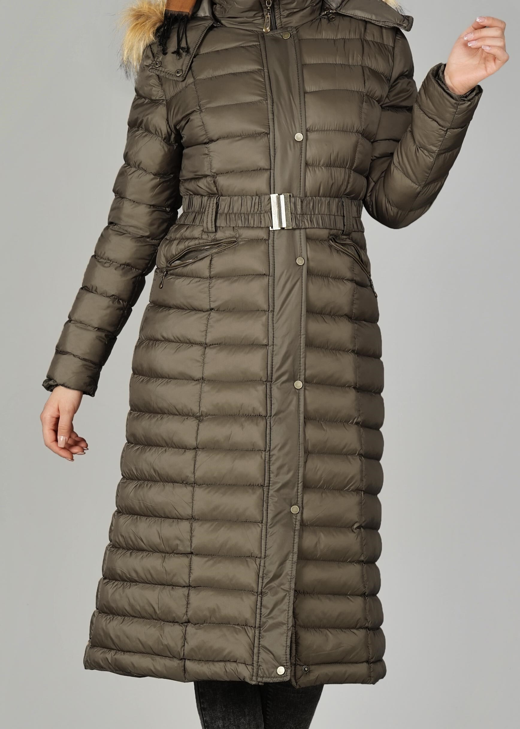 Tesettür giyim HAKİ KEMERLİ ŞİŞME KABAN 9517