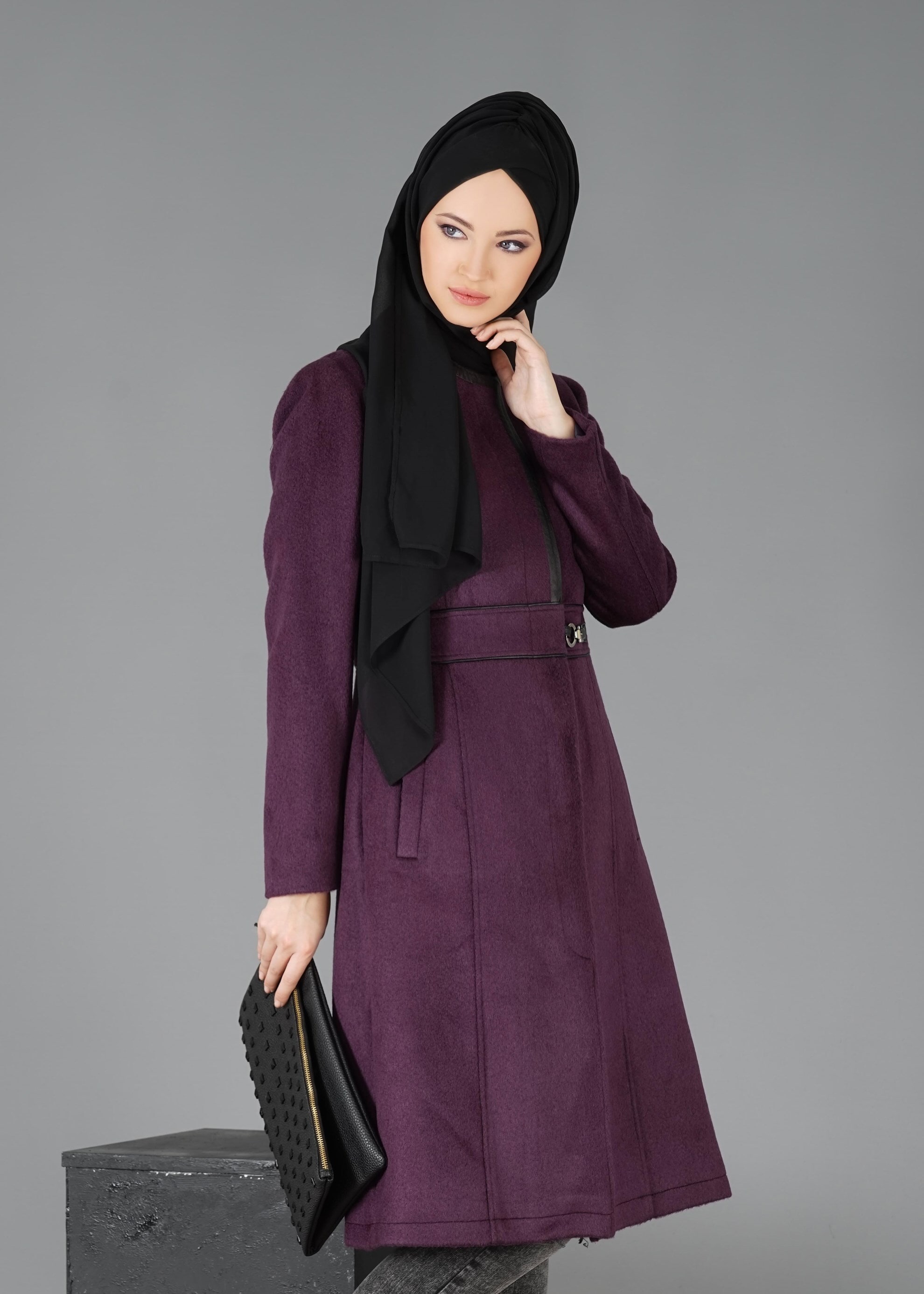 Tesettür giyim MOR CEP DETAYLI KABAN 9522
