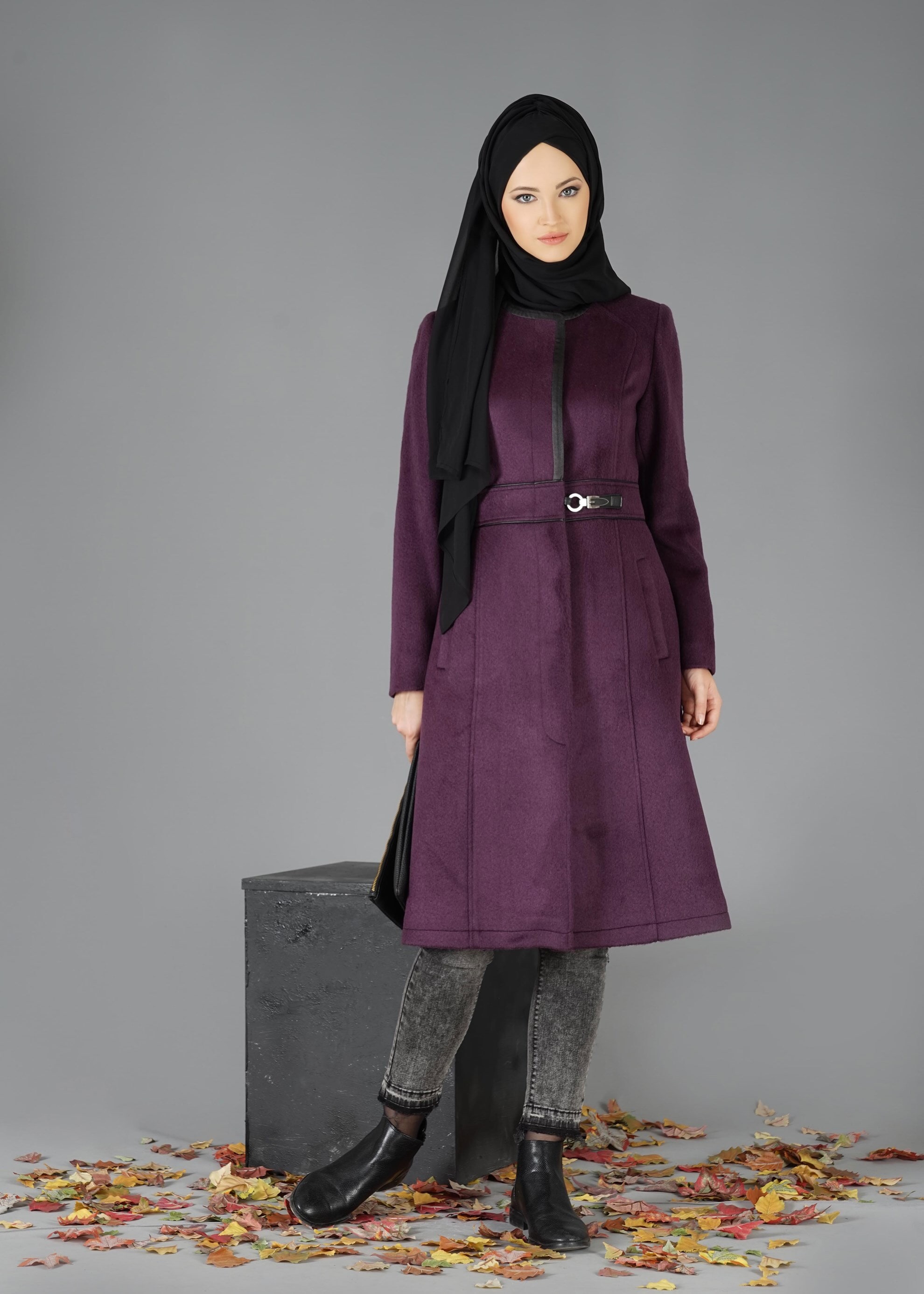 Tesettür giyim MOR CEP DETAYLI KABAN 9522