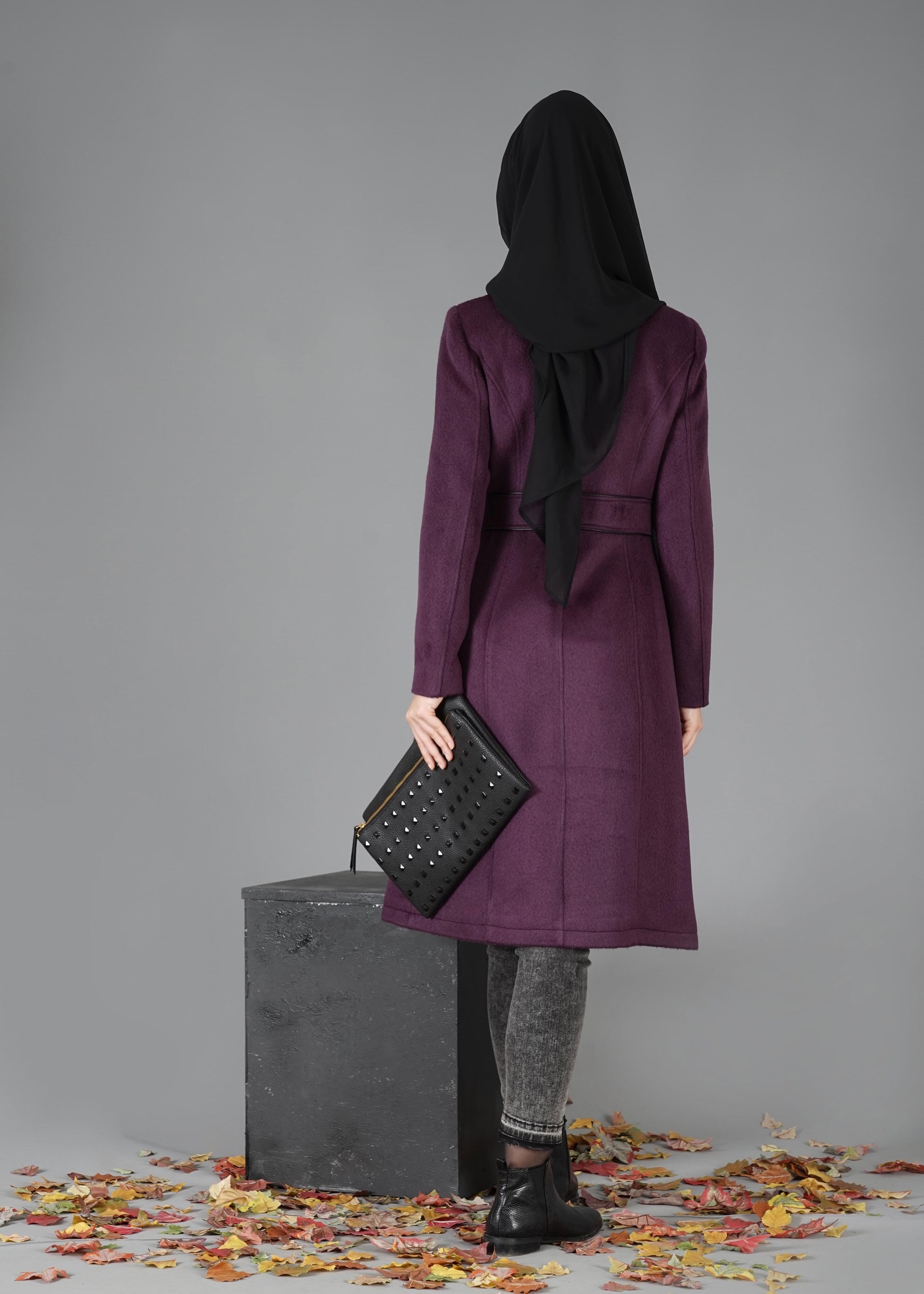 Tesettür giyim MOR CEP DETAYLI KABAN 9522