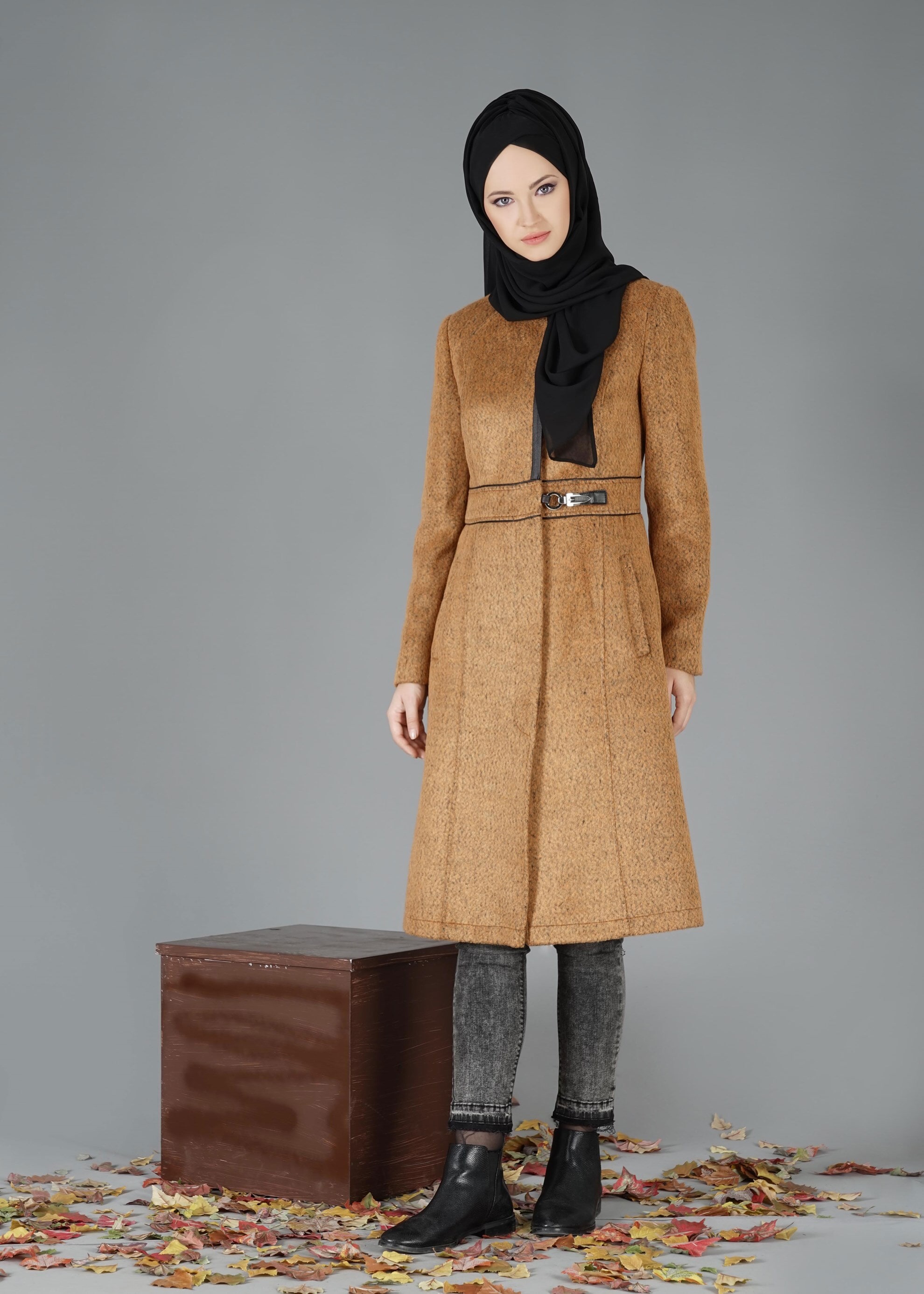 Tesettür giyim TURUNCU CEP DETAYLI KABAN 9522