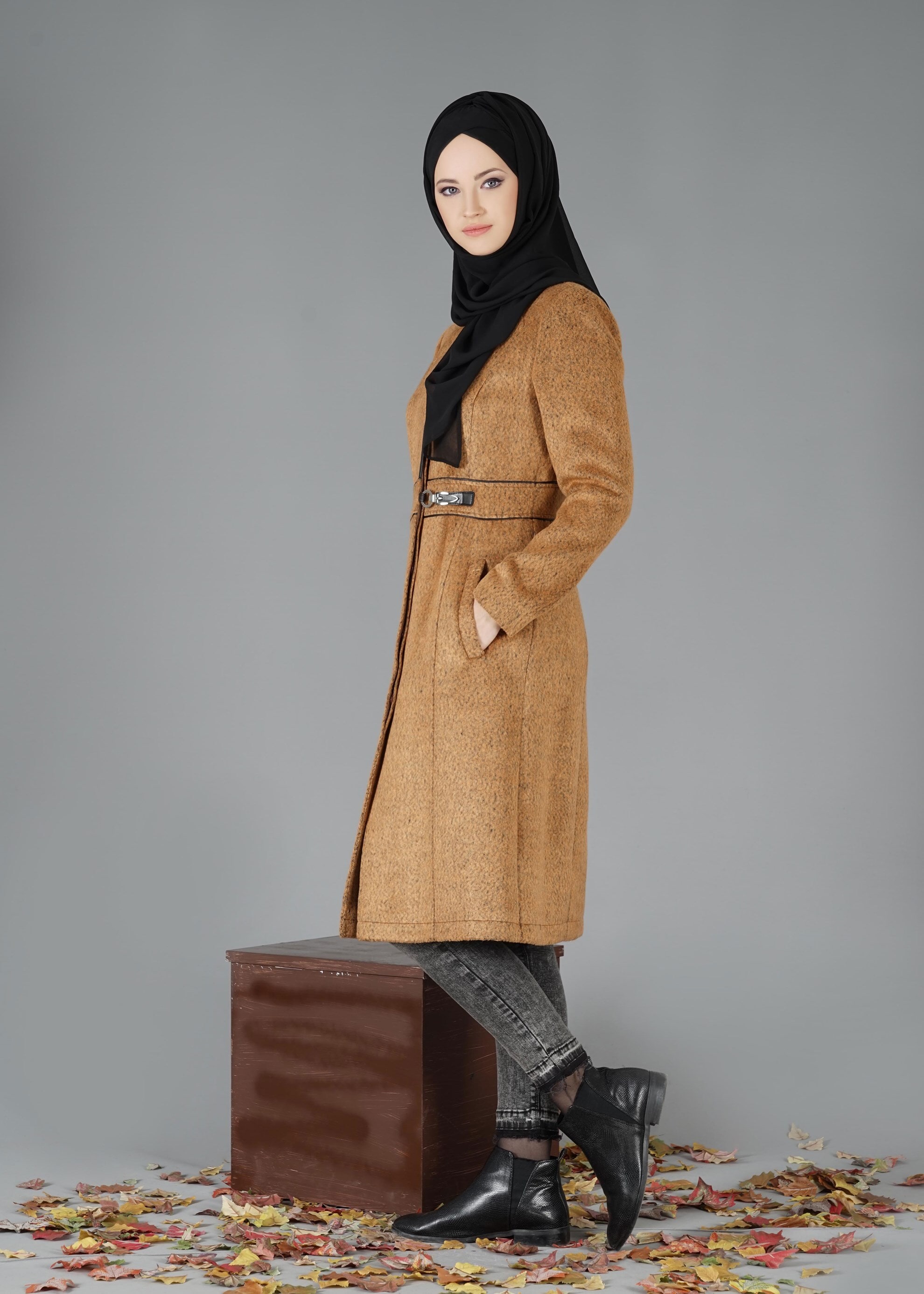 Tesettür giyim TURUNCU CEP DETAYLI KABAN 9522