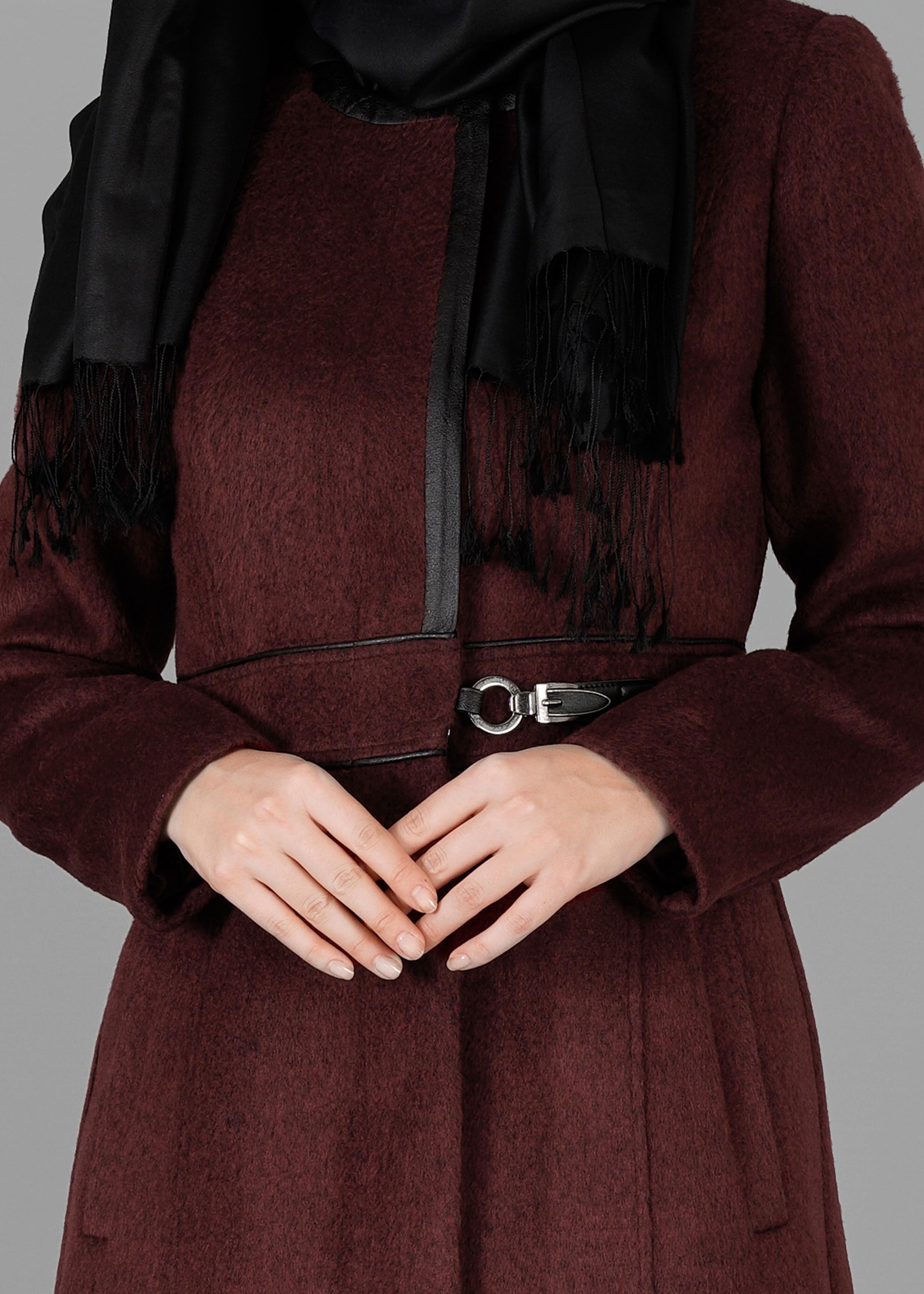 Tesettür giyim BORDO CEP DETAYLI KABAN 9522