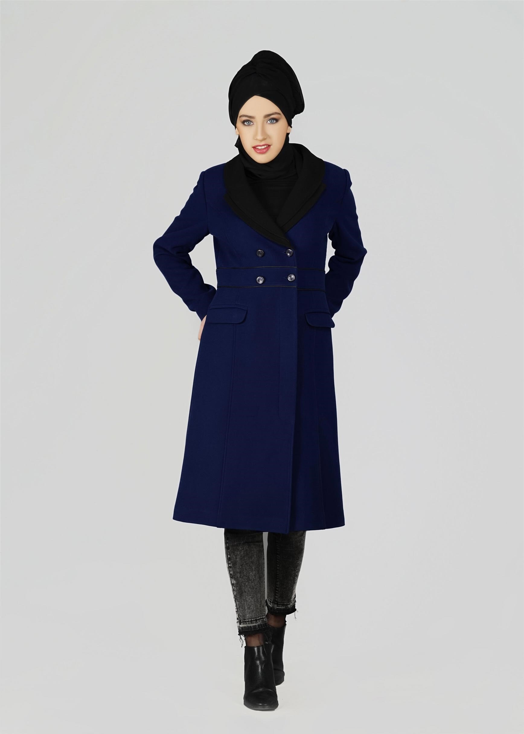 Tesettür giyim MAVİ DÜĞMELİ KAŞE KABAN 9528
