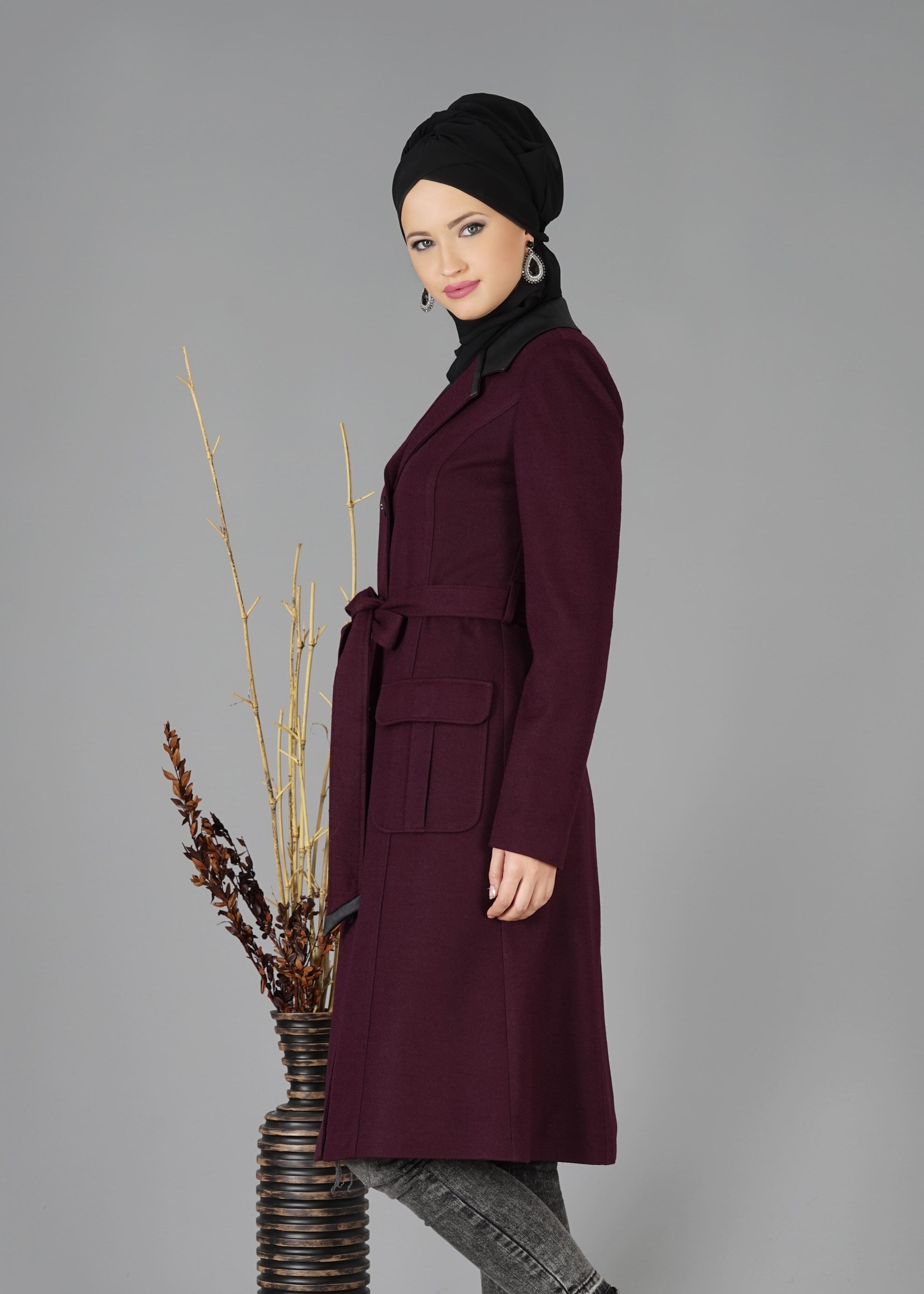 Tesettür giyim MÜRDÜM CEP DETAYLI KUŞAKLI KABAN 9529