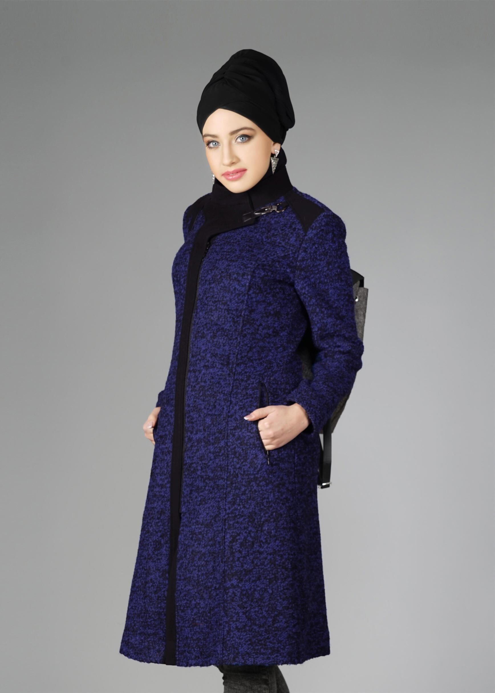 Tesettür giyim LACİVERT DOKULU FERMUARLI KABAN 9531