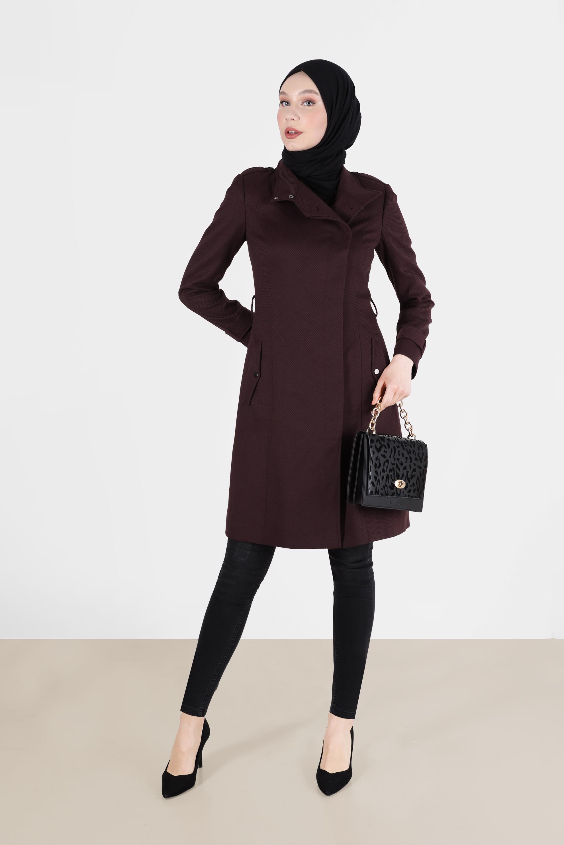 Tesettür giyim MÜRDÜM ANVELOP KESİM KUŞAKLI KABAN 9536 
