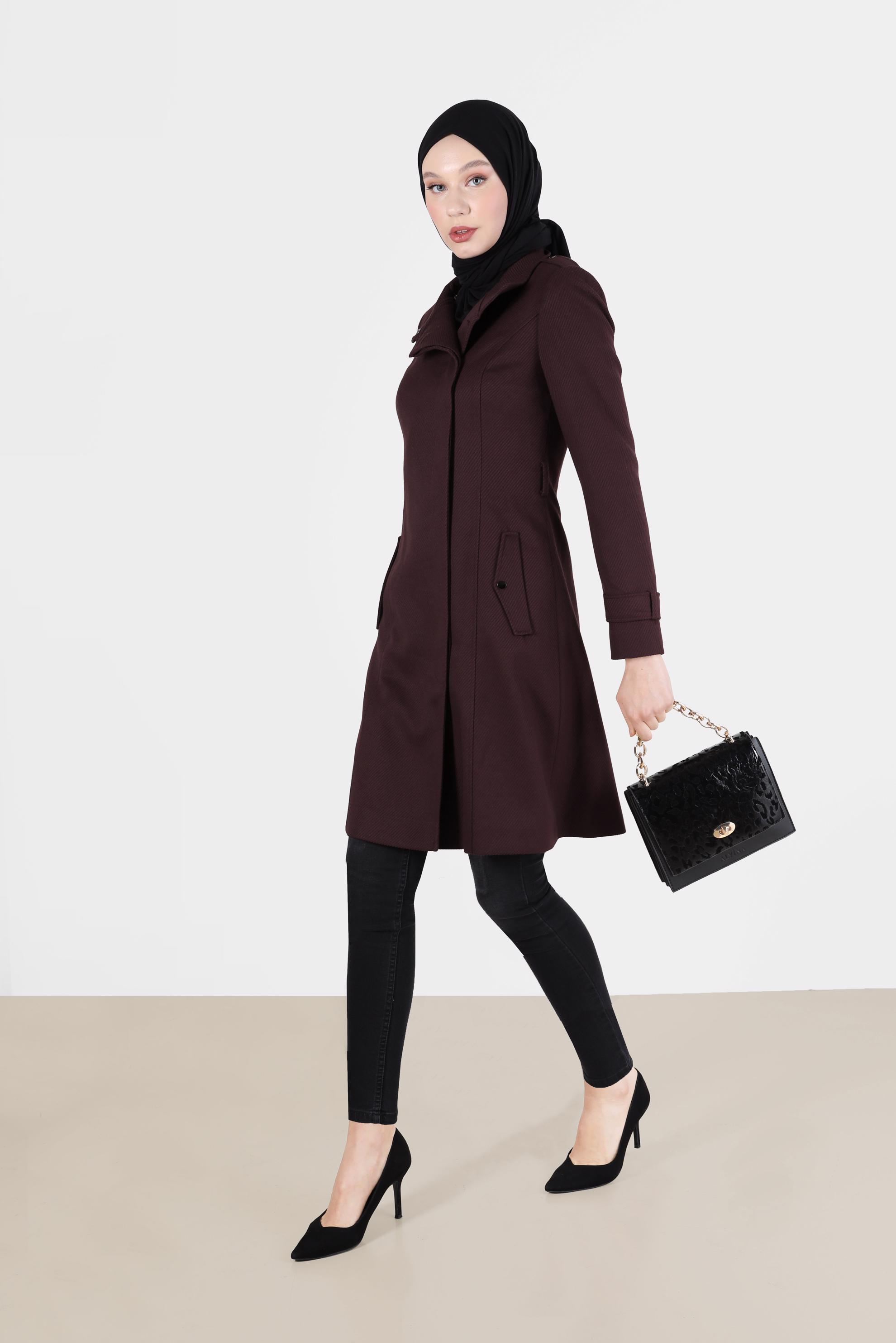 Tesettür giyim MÜRDÜM ANVELOP KESİM KUŞAKLI KABAN 9536 