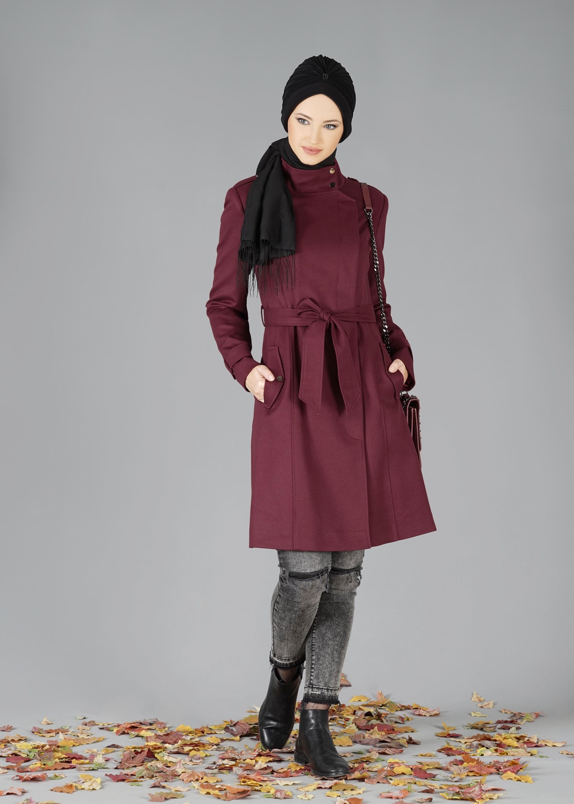 Tesettür giyim MOR ANVELOP KESİM KUŞAKLI KABAN 9536 