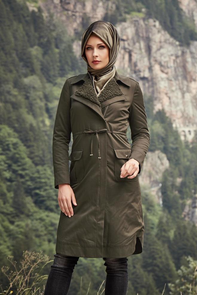 Tesettür giyim HAKİ BELİ İPLİ CEPLİ PAMUK KABAN 9541 - ALVİNA