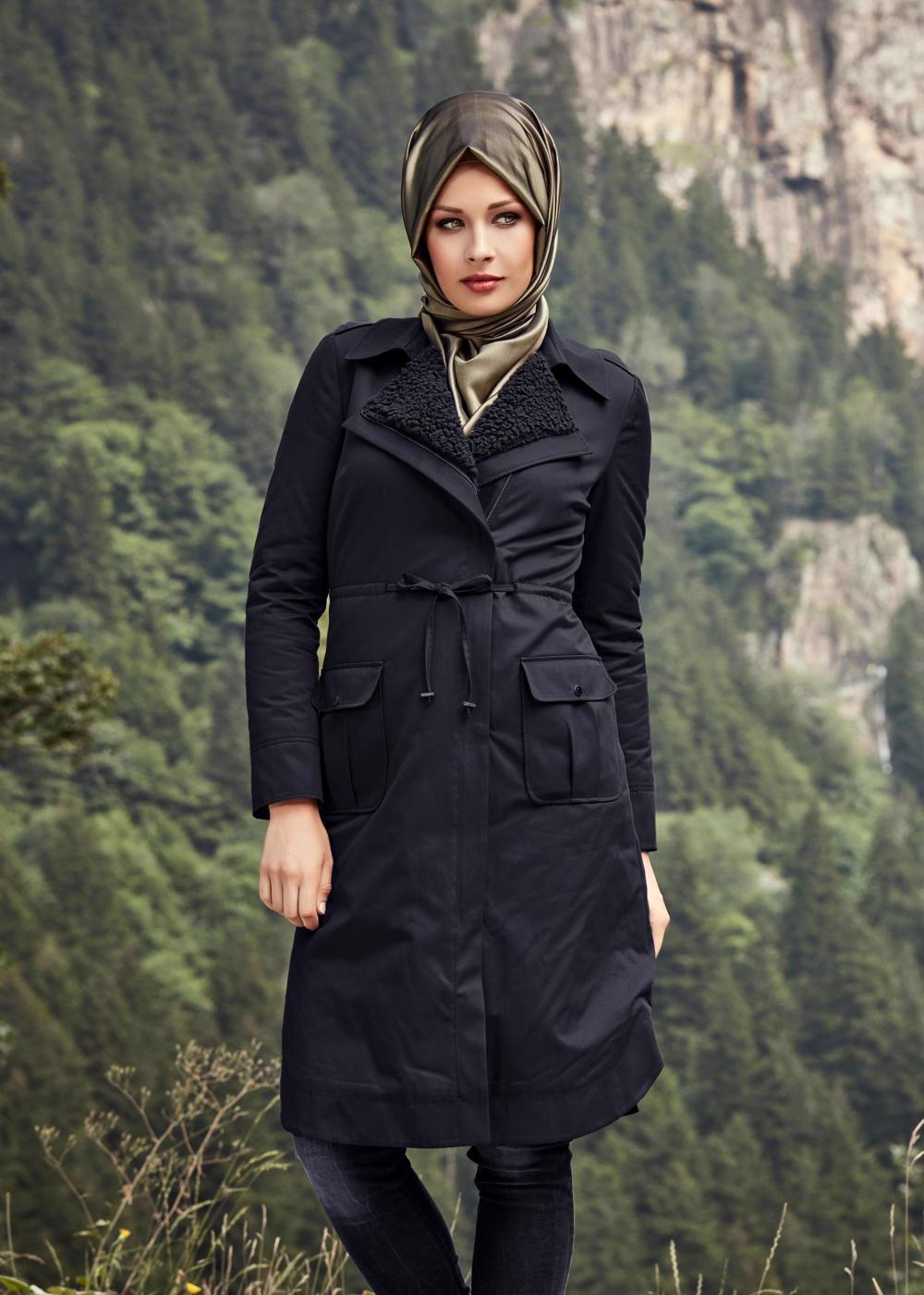 Tesettür giyim LACİVERT BELİ İPLİ CEPLİ PAMUK KABAN 9541