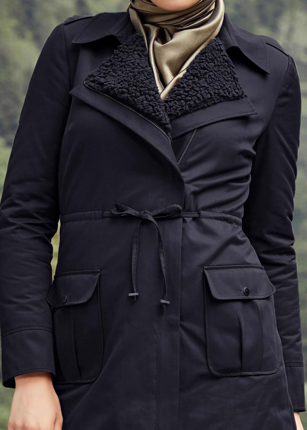 Tesettür giyim LACİVERT BELİ İPLİ CEPLİ PAMUK KABAN 9541