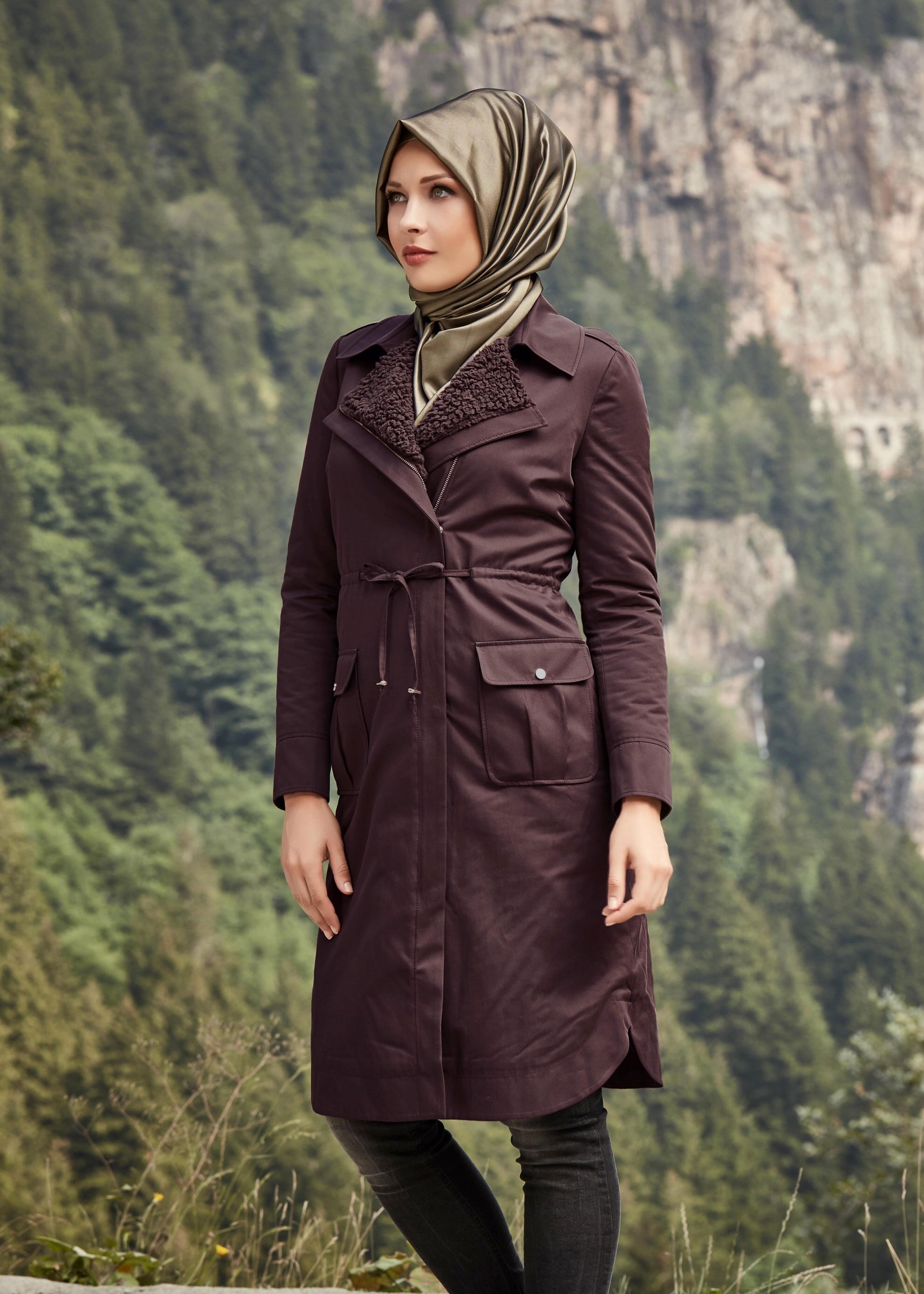 Tesettür giyim MÜRDÜM BELİ İPLİ CEPLİ PAMUK KABAN 9541