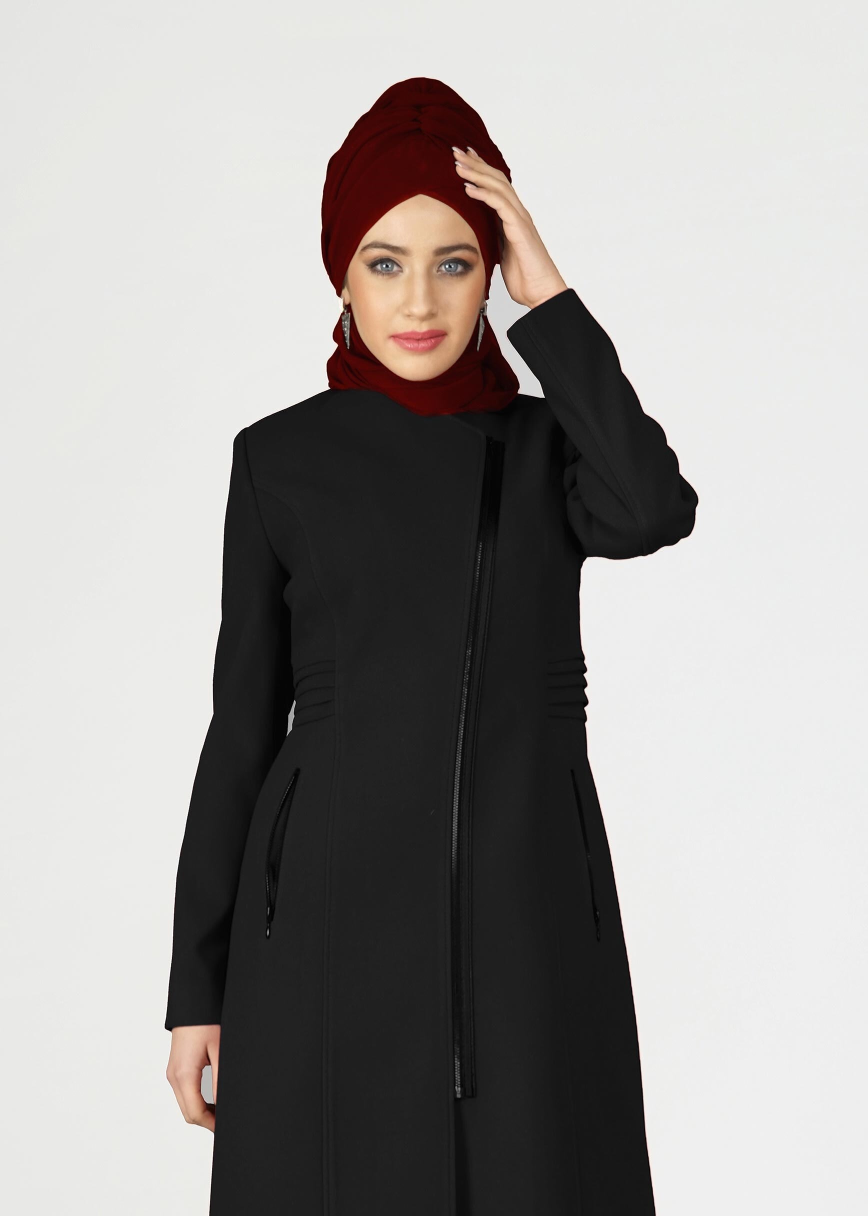 Tesettür giyim SİYAH CEP DETAYLI FERMUARLI KABAN 9548
