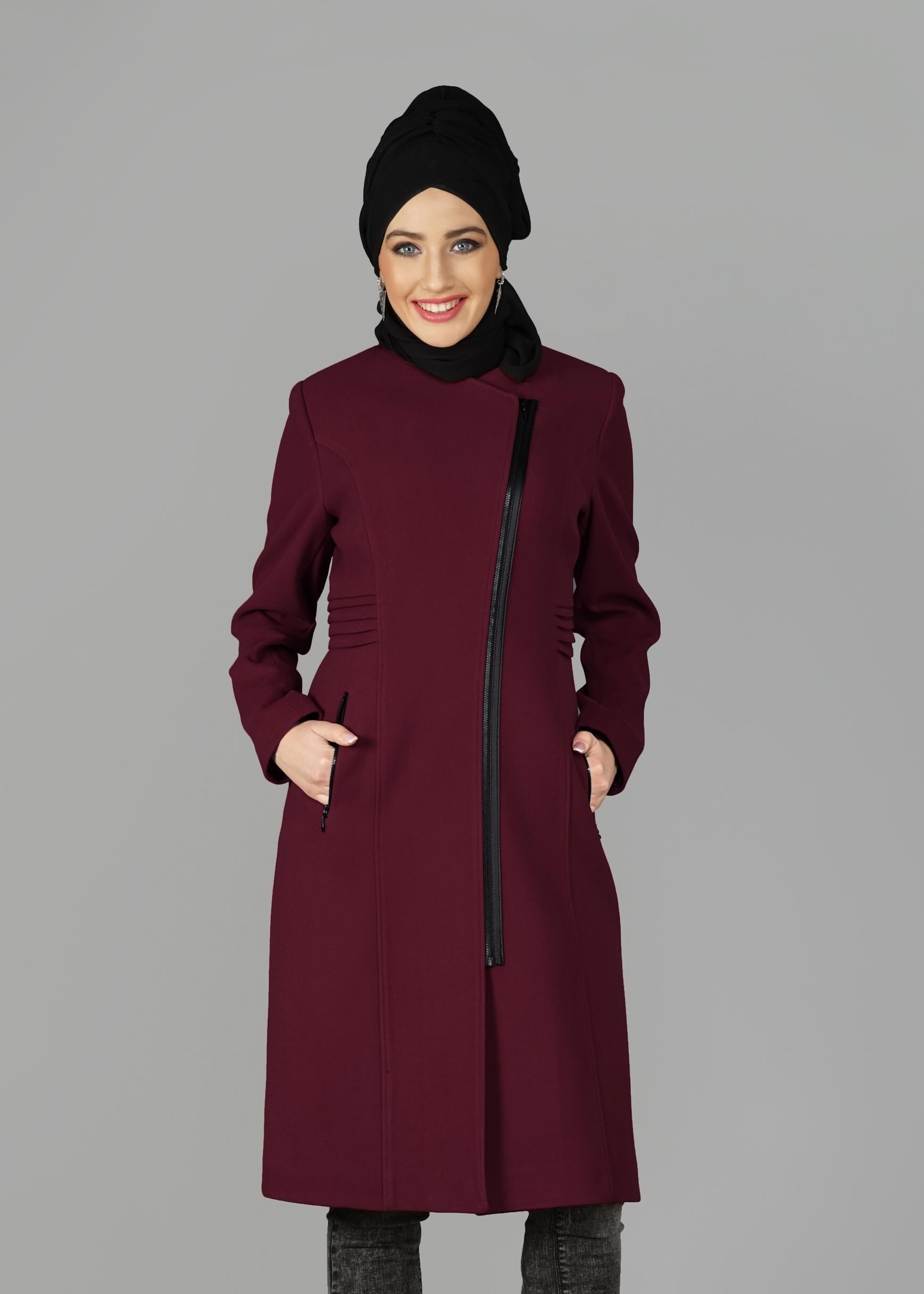 Tesettür giyim BORDO CEP DETAYLI FERMUARLI KABAN 9548
