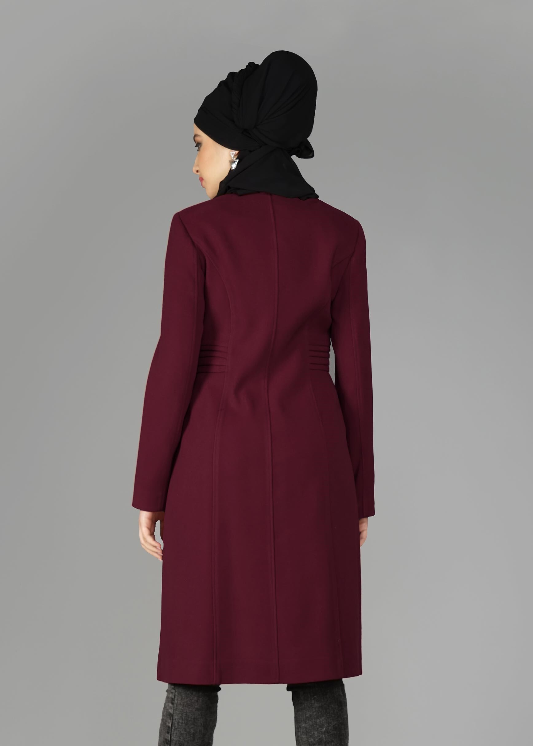 Tesettür giyim BORDO CEP DETAYLI FERMUARLI KABAN 9548