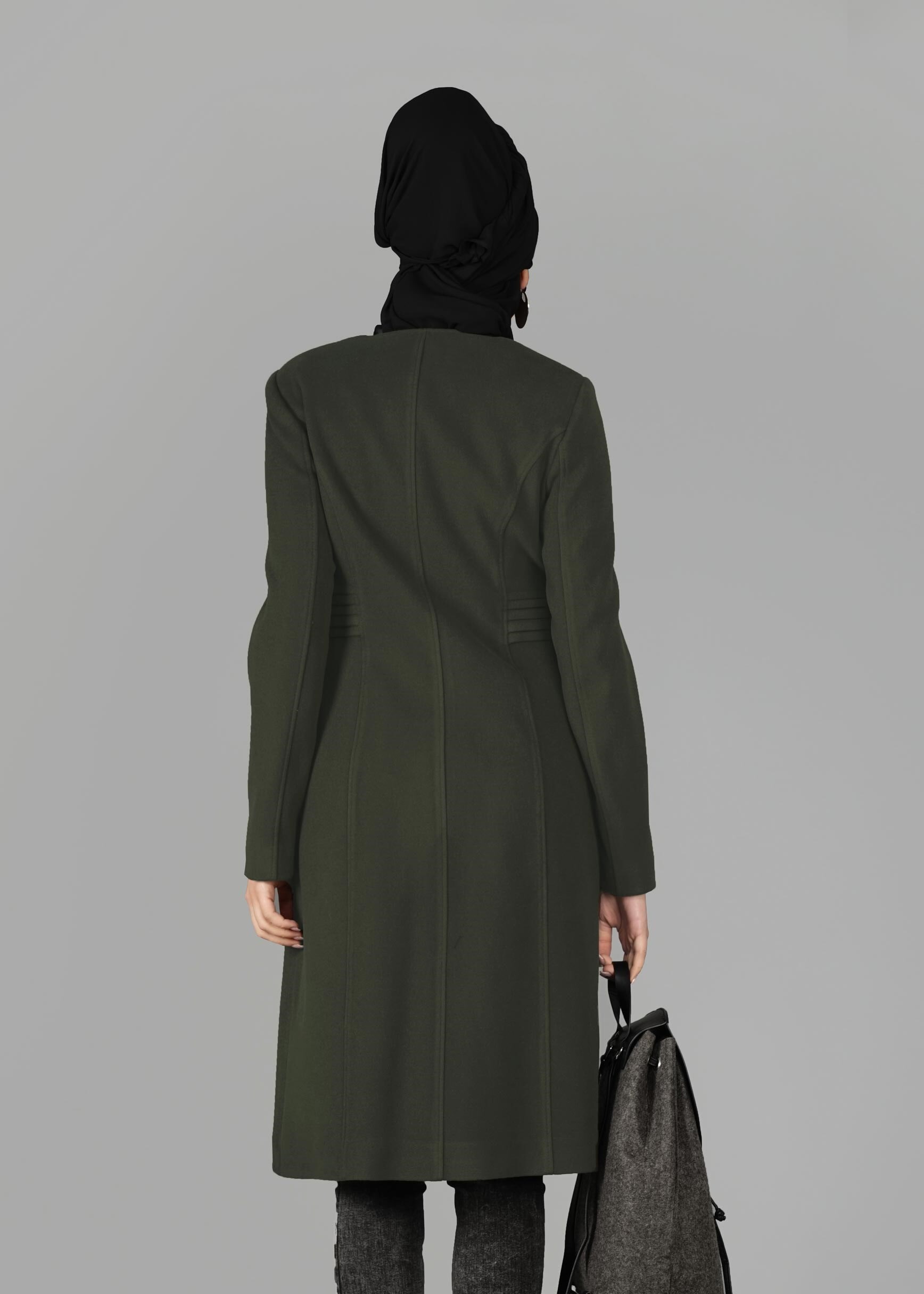 Tesettür giyim HAKİ CEP DETAYLI FERMUARLI KABAN 9548