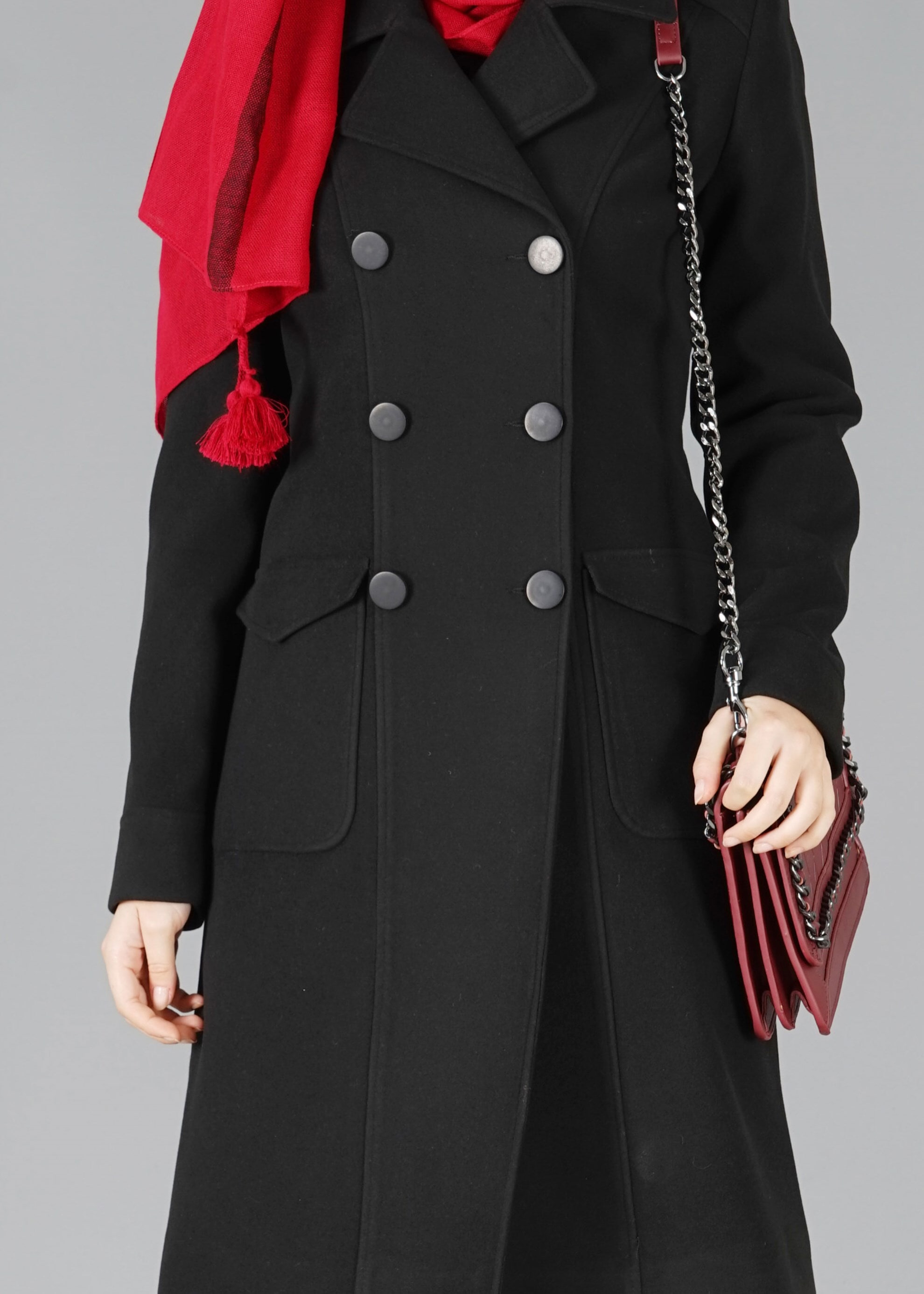 Tesettür giyim SİYAH KRUVAZE YAKA DÜĞMELİ KABAN 9550