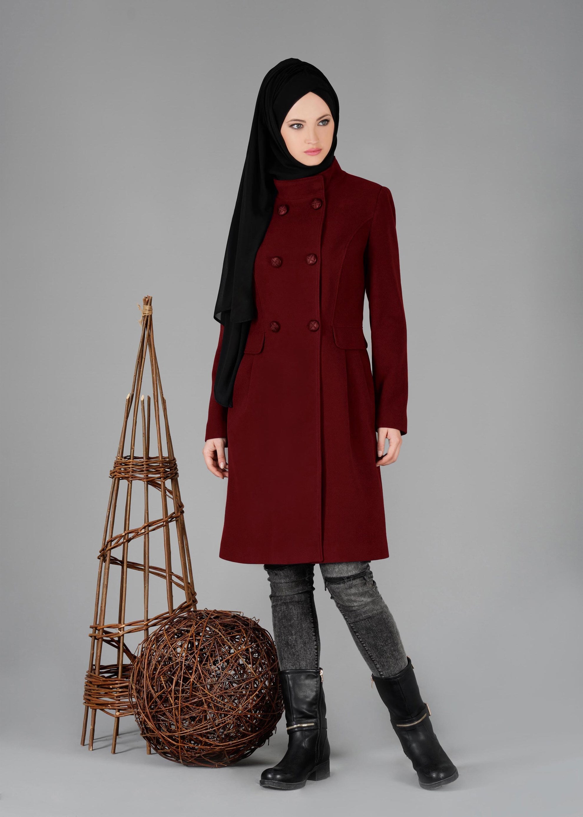 Tesettür giyim BORDO HAKİM YAKA DÜĞMELİ KABAN 9551