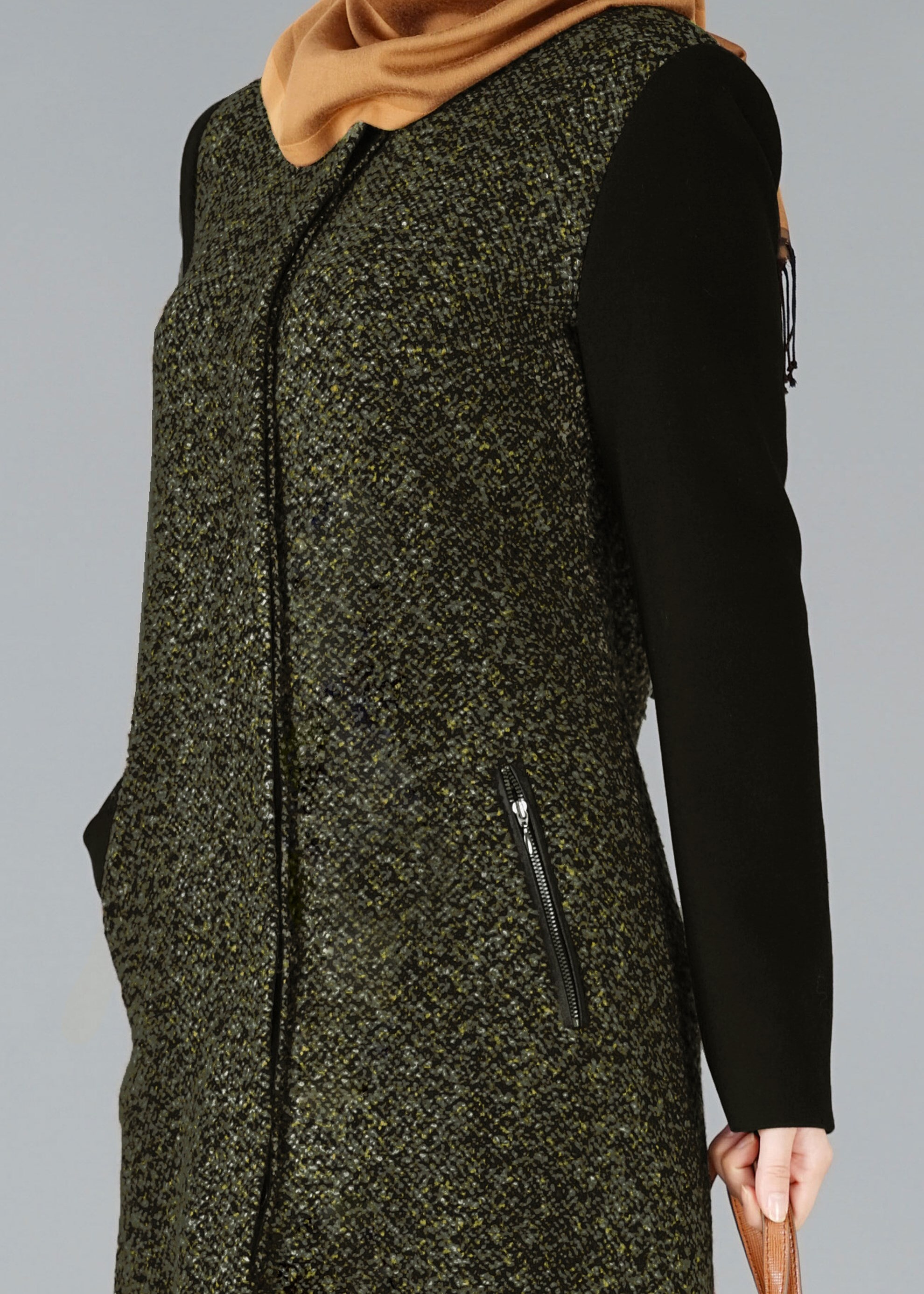 Tesettür giyim HAKİ FERMUARLI CEPLİ KABAN 9554