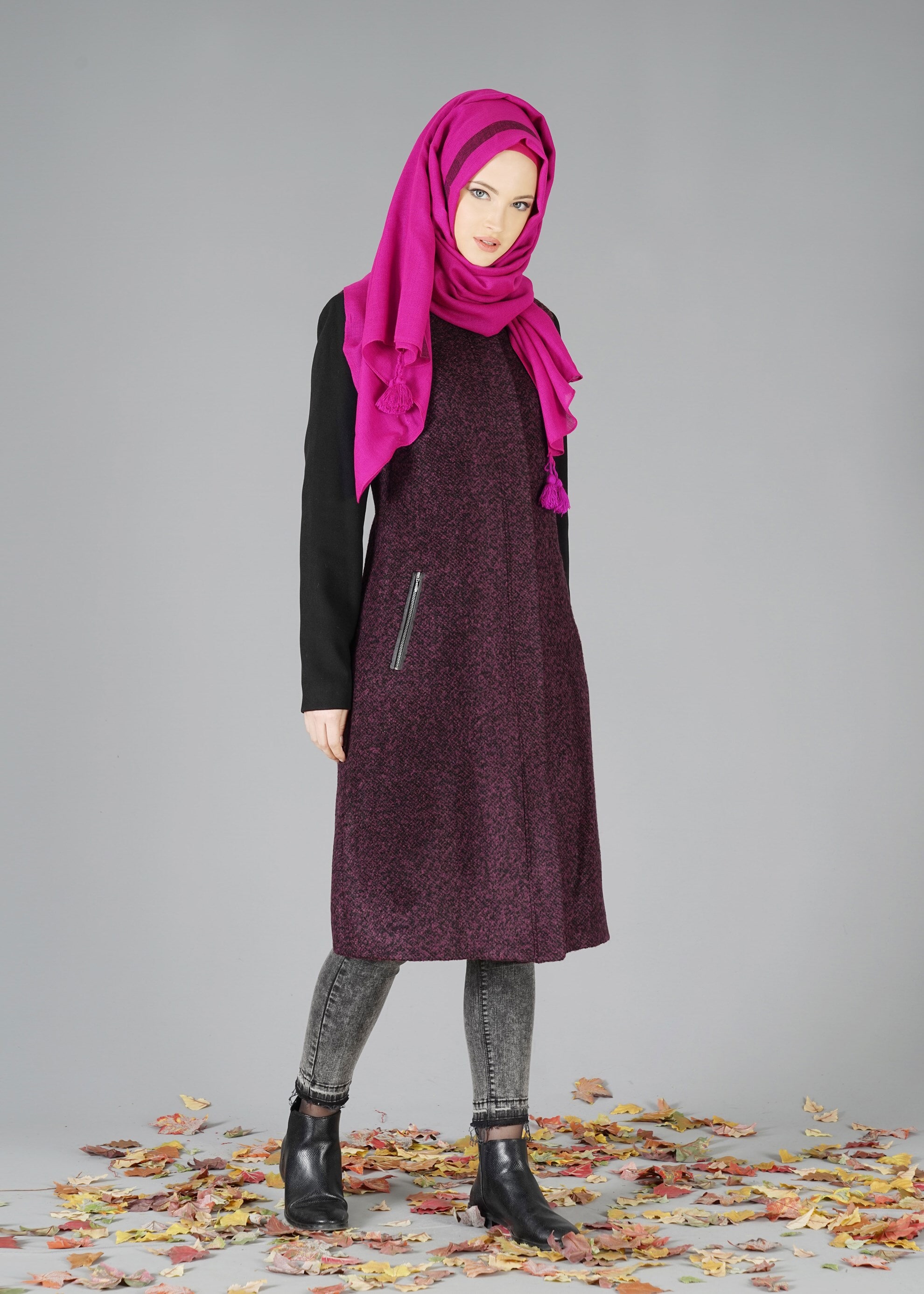 Tesettür giyim MÜRDÜM FERMUARLI CEPLİ KABAN 9554
