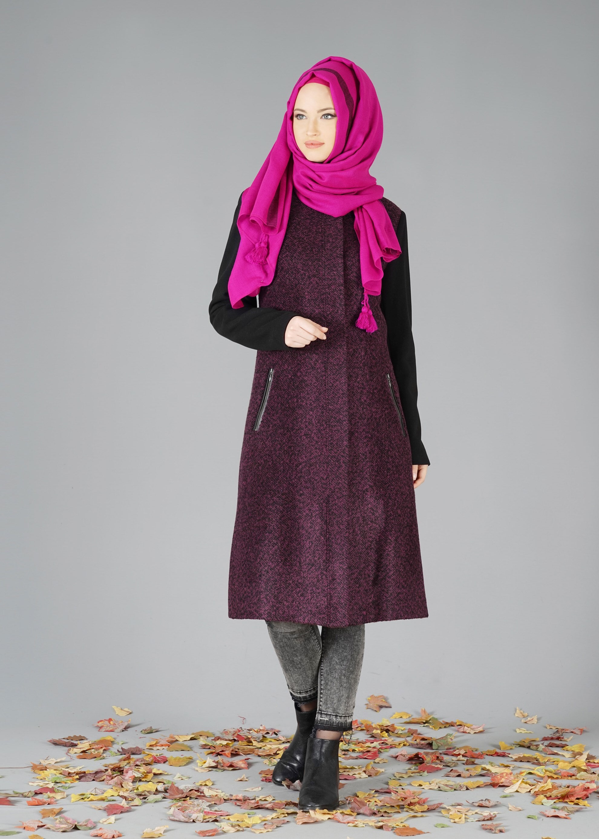 Tesettür giyim MÜRDÜM FERMUARLI CEPLİ KABAN 9554