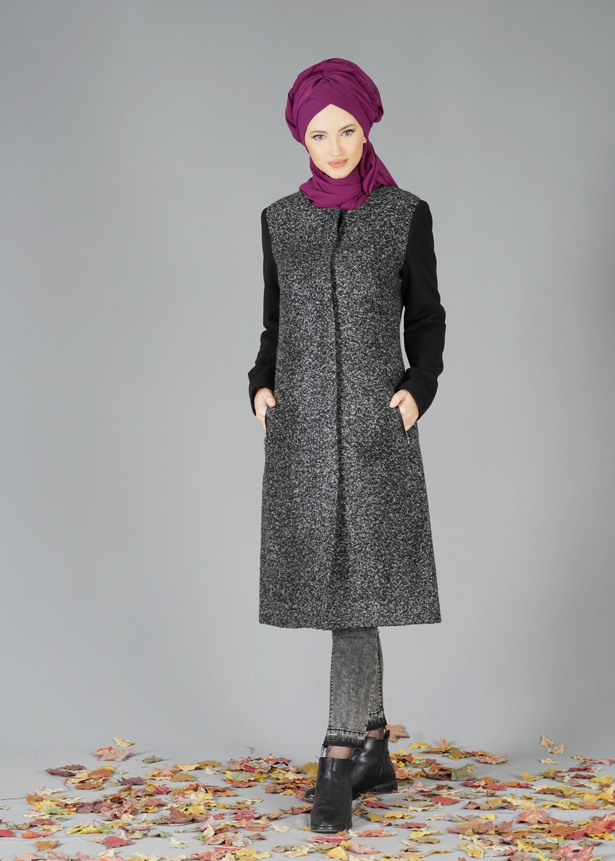 Tesettür giyim GRİ FERMUARLI CEPLİ KABAN 9554