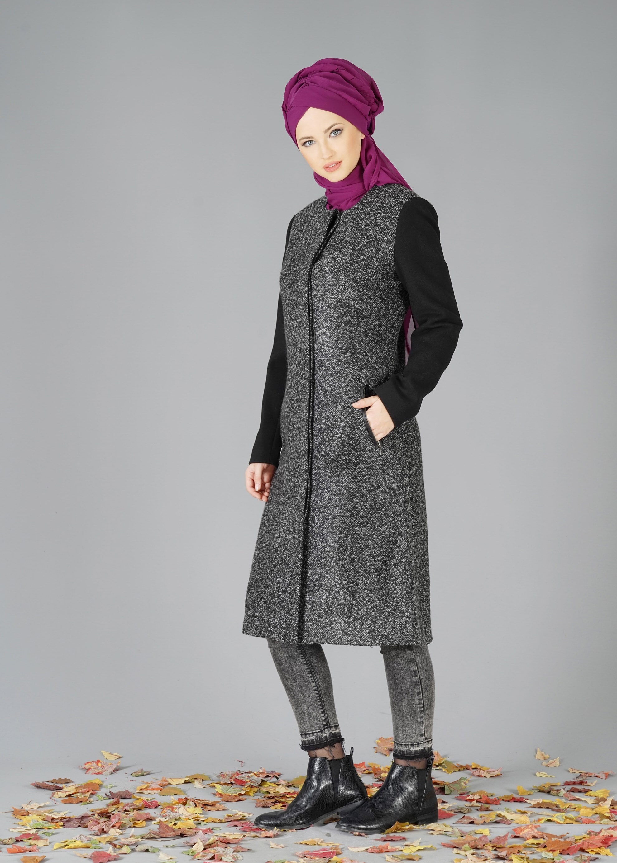 Tesettür giyim GRİ FERMUARLI CEPLİ KABAN 9554