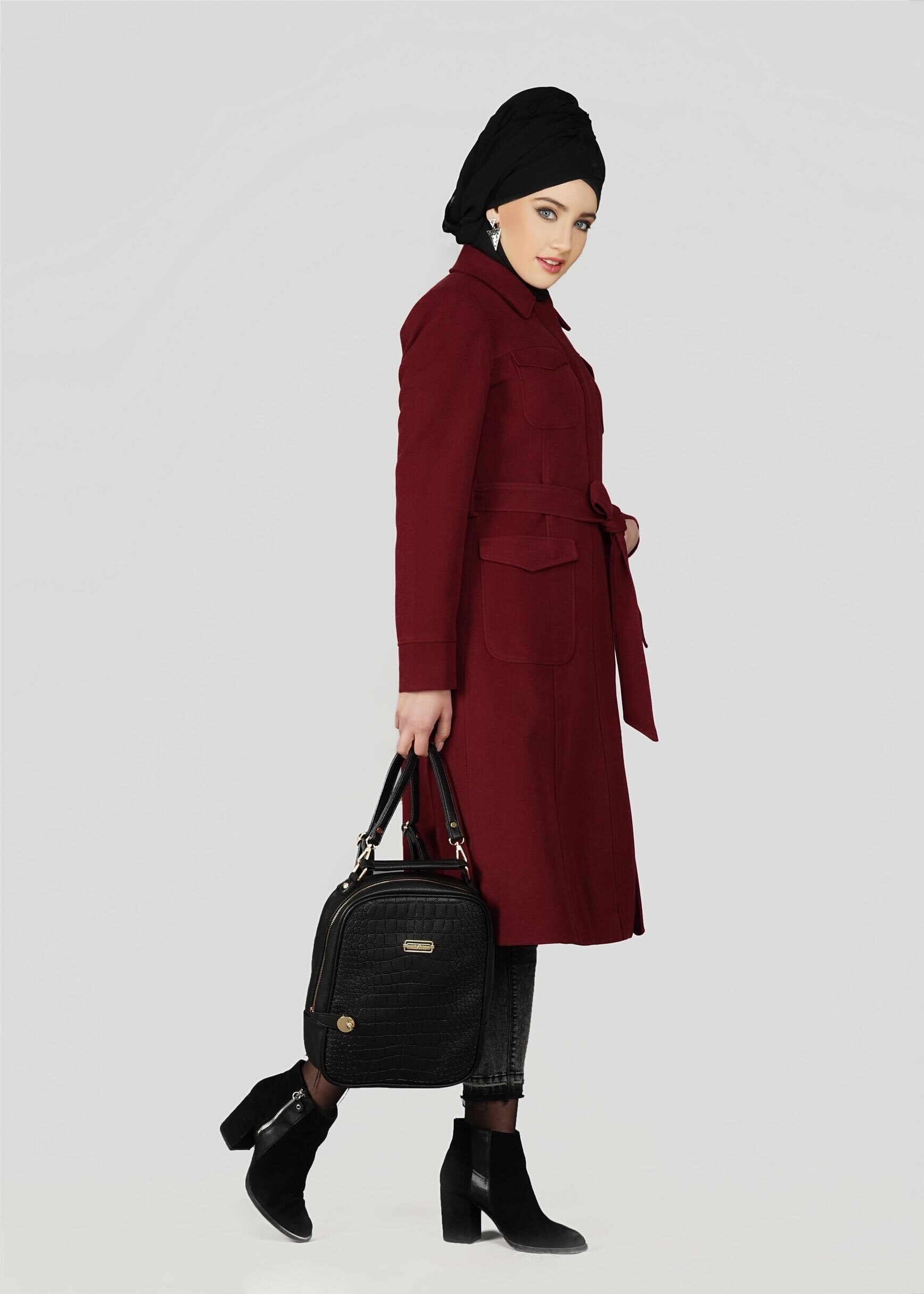 Tesettür giyim BORDO GİZLİ DÜĞMELİ KABAN 9558 