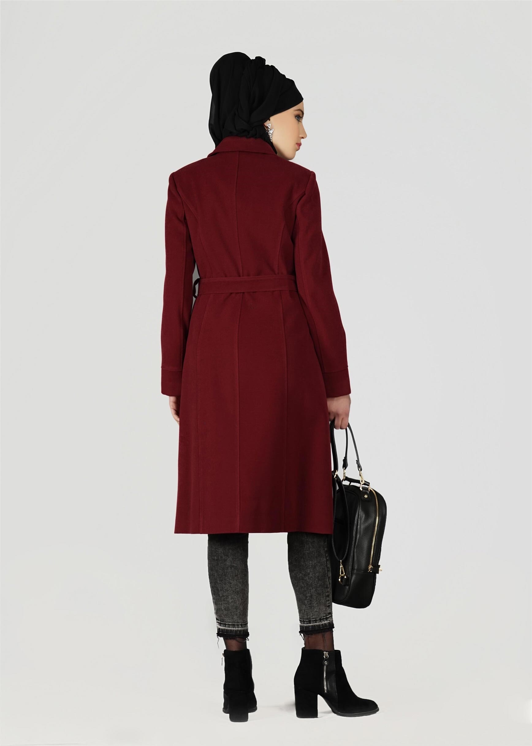 Tesettür giyim BORDO GİZLİ DÜĞMELİ KABAN 9558 