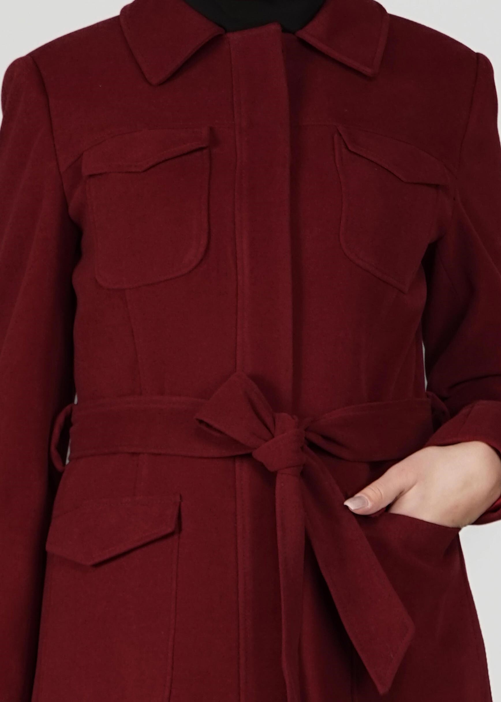 Tesettür giyim BORDO GİZLİ DÜĞMELİ KABAN 9558 