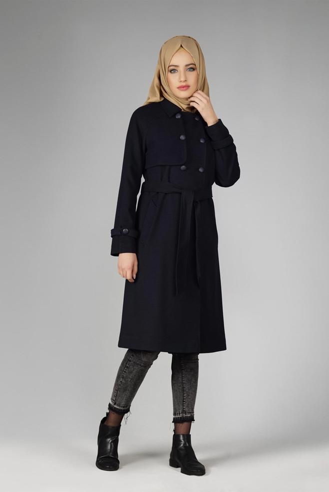 Tesettür giyim LACİVERT DÜĞMELİ KUŞAKLI KABAN 9563  - ALVİNA