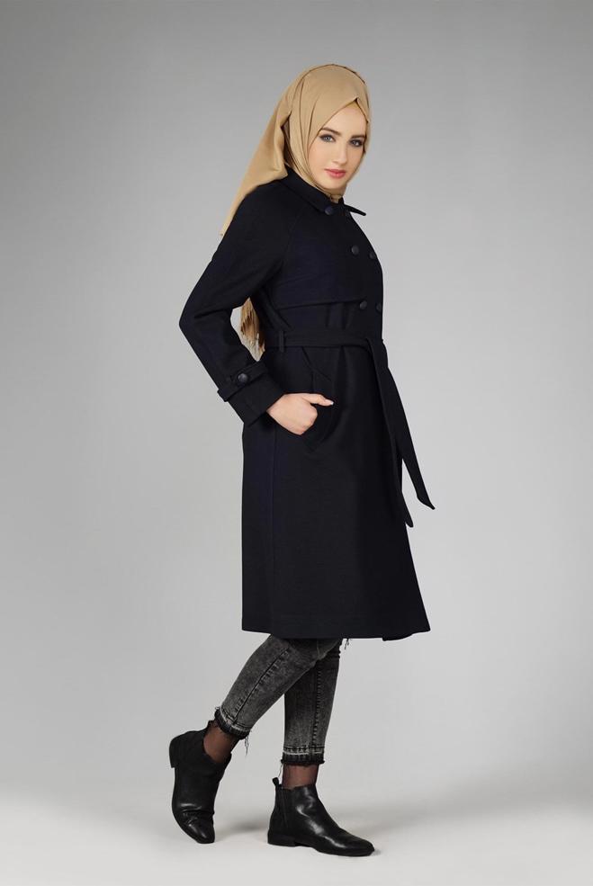 Tesettür giyim LACİVERT DÜĞMELİ KUŞAKLI KABAN 9563  - ALVİNA