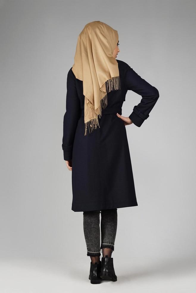 Tesettür giyim LACİVERT DÜĞMELİ KUŞAKLI KABAN 9563  - ALVİNA