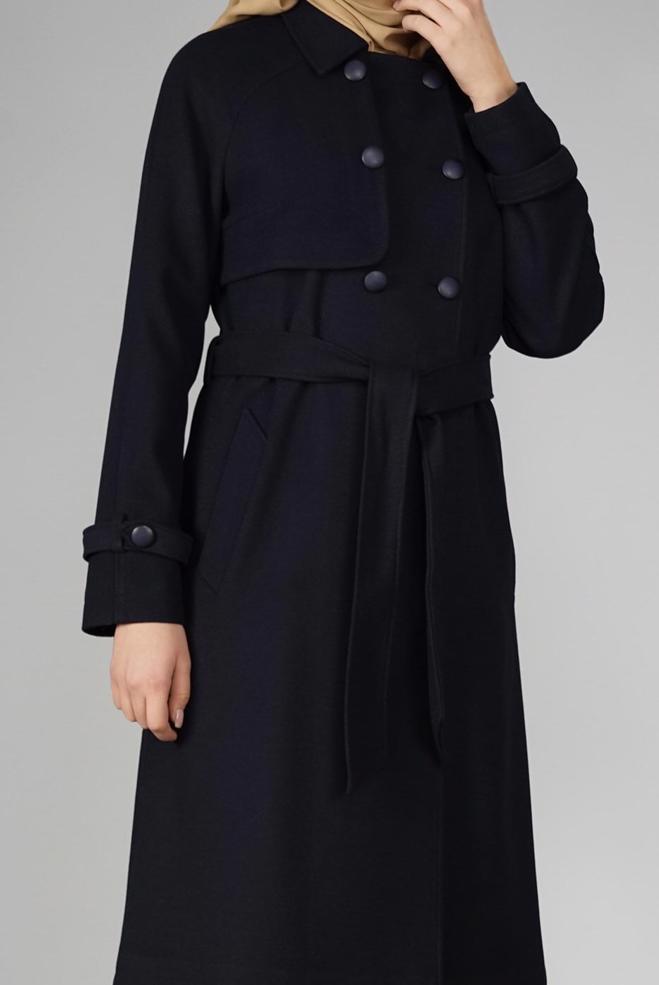 Tesettür giyim LACİVERT DÜĞMELİ KUŞAKLI KABAN 9563  - ALVİNA