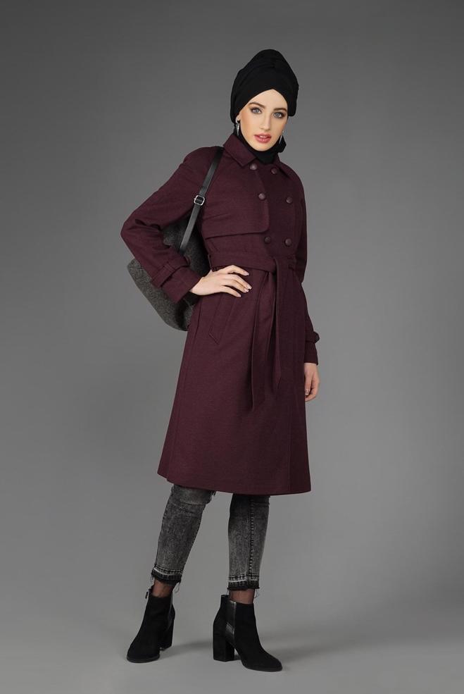 Tesettür giyim MÜRDÜM DÜĞMELİ KUŞAKLI KABAN 9563  - ALVİNA