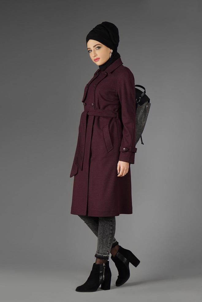 Tesettür giyim MÜRDÜM DÜĞMELİ KUŞAKLI KABAN 9563  - ALVİNA