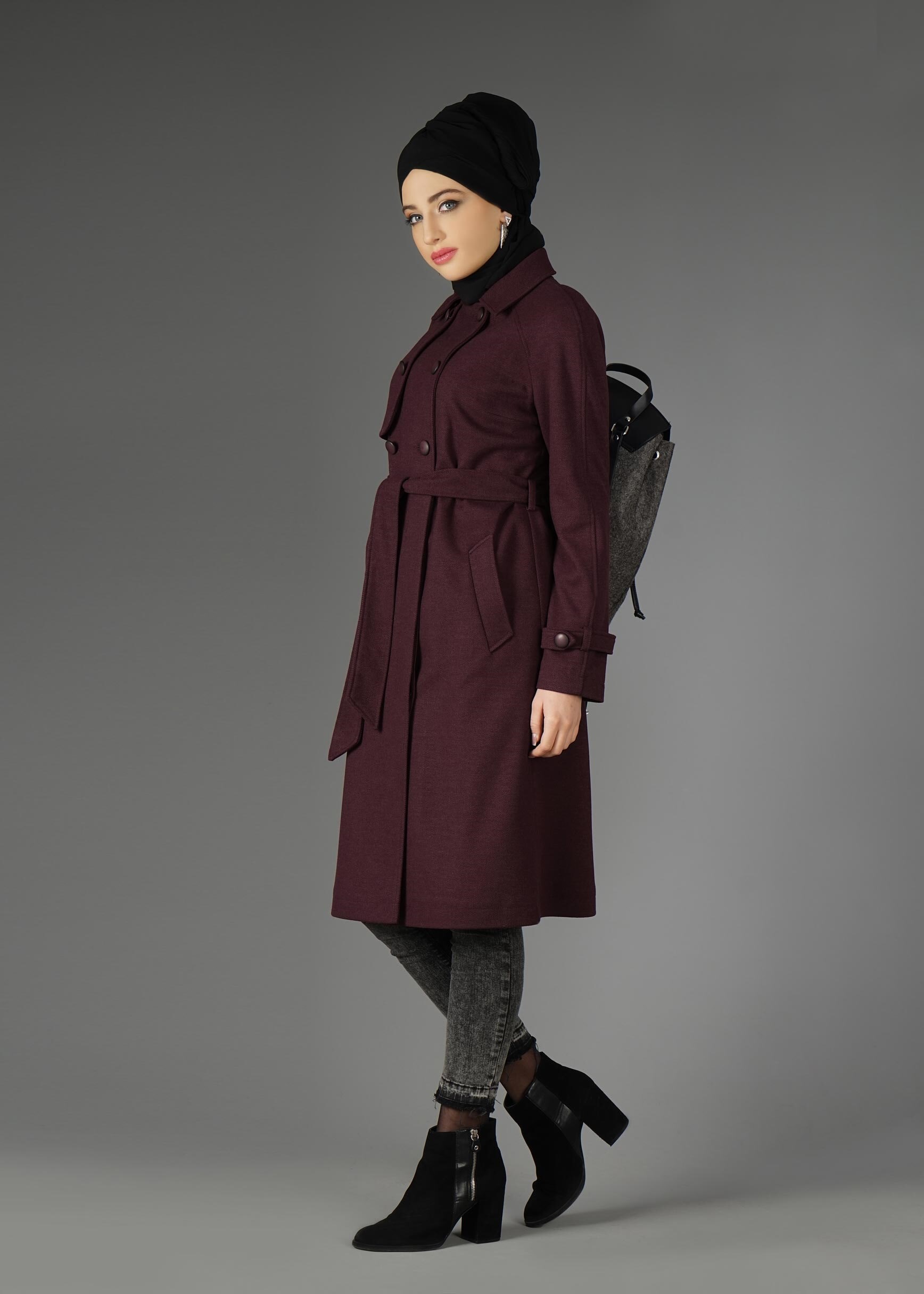 Tesettür giyim MÜRDÜM DÜĞMELİ KUŞAKLI KABAN 9563 