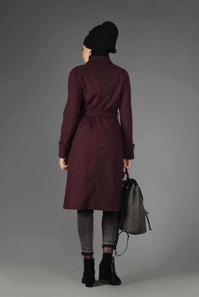 Tesettür giyim MÜRDÜM DÜĞMELİ KUŞAKLI KABAN 9563  - ALVİNA