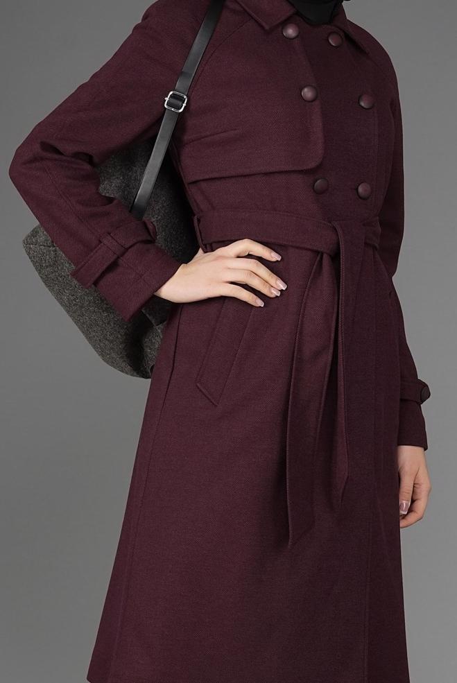 Tesettür giyim MÜRDÜM DÜĞMELİ KUŞAKLI KABAN 9563  - ALVİNA