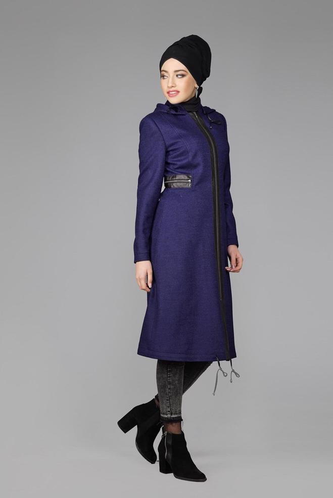 Tesettür giyim LACİVERT KAPÜŞONLU FERMUARLI KABAN 9580 - ALVİNA