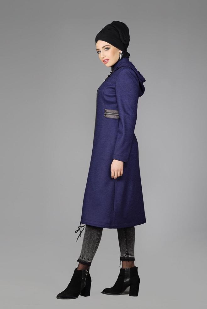 Tesettür giyim LACİVERT KAPÜŞONLU FERMUARLI KABAN 9580 - ALVİNA