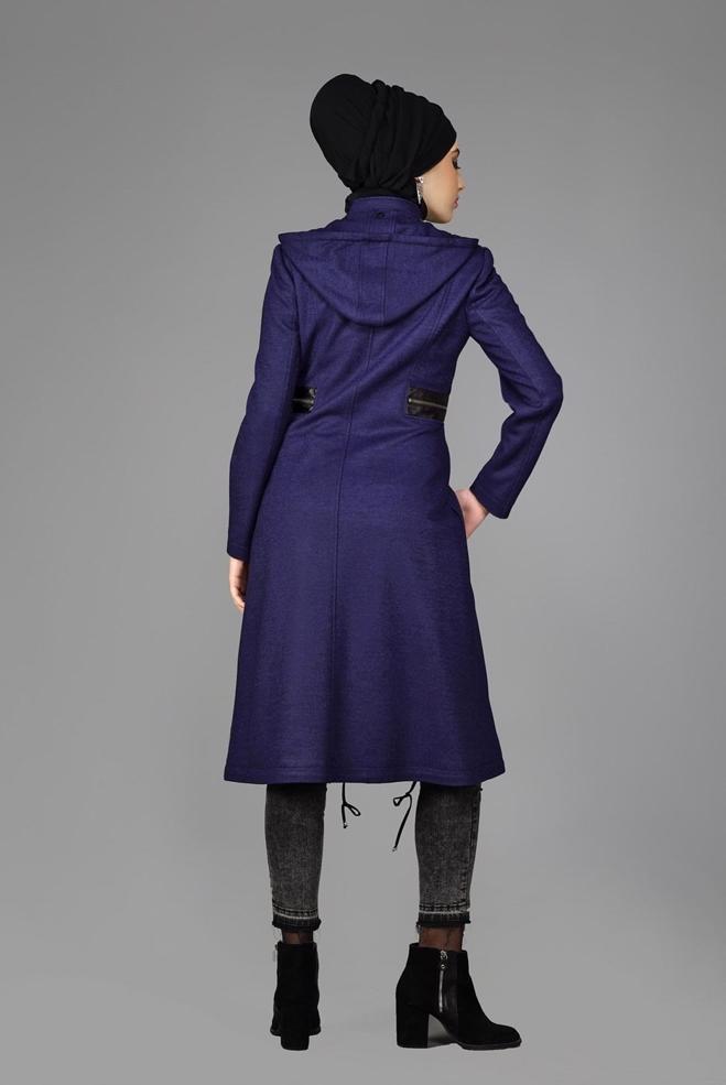 Tesettür giyim LACİVERT KAPÜŞONLU FERMUARLI KABAN 9580 - ALVİNA