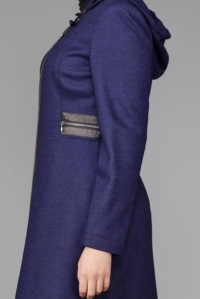 Tesettür giyim LACİVERT KAPÜŞONLU FERMUARLI KABAN 9580 - ALVİNA